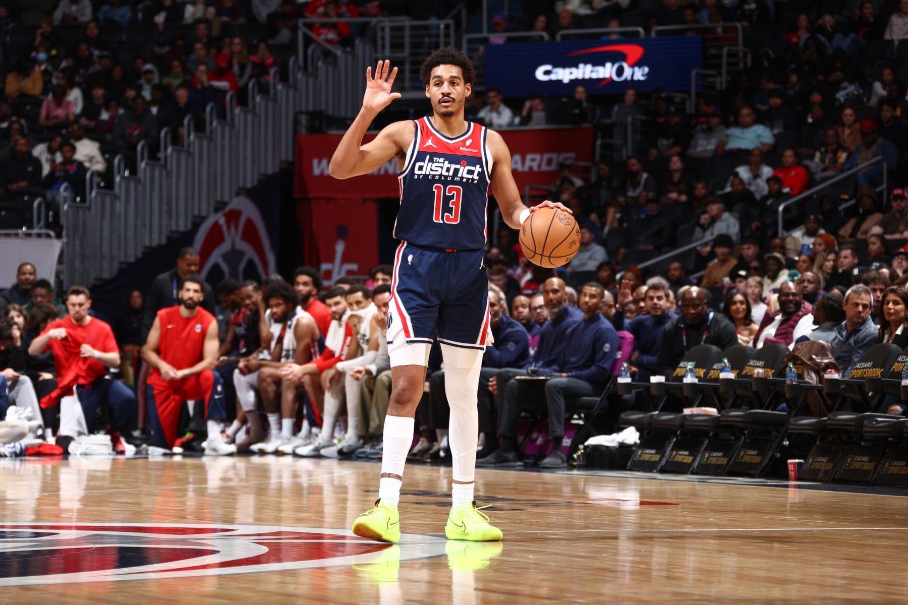 WASHINGTON, DC -  MARCH 23:  Jordan Poole #13 of the Washington Wizards handles the ball during the game  on March 23, 2024 at Capital One Arena in Washington, DC. NOTE TO USER: User expressly acknowledges and agrees that, by downloading and or using this Photograph, user is consenting to the terms and conditions of the Getty Images License Agreement. Mandatory Copyright Notice: Copyright 2024 NBAE (Photo by Kenny Giarla/NBAE via Getty Images)