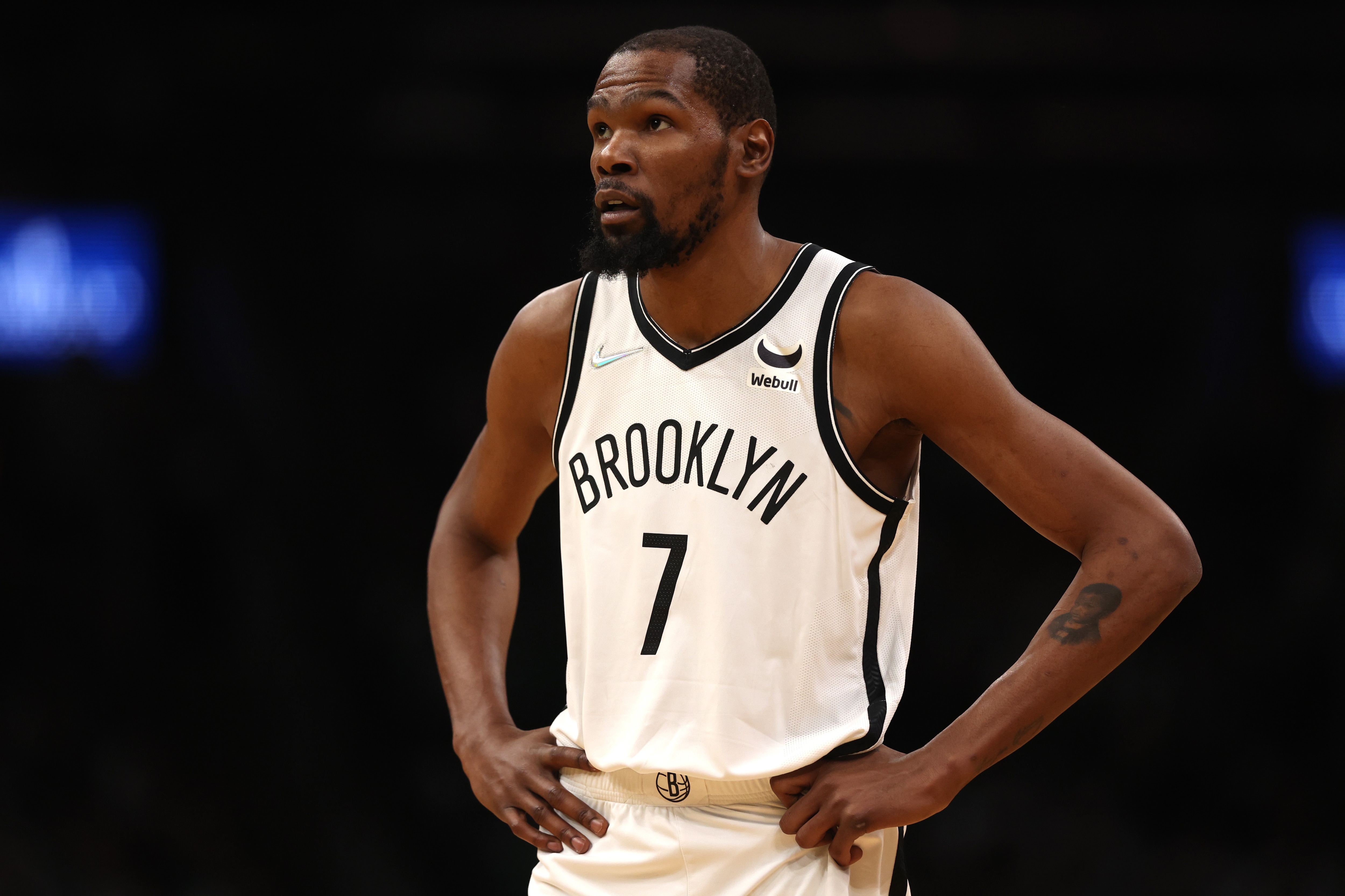 BOSTON, MASSACHUSETTS - APRIL 17:  Kevin Durant #7 of the Brooklyn Nets looks on during the first quarter against the Boston Celtics of Round 1 Game 1 of the 2022 NBA Eastern Conference Playoffs at TD Garden on April 17, 2022 in Boston, Massachusetts. (Photo by Maddie Meyer/Getty Images)
