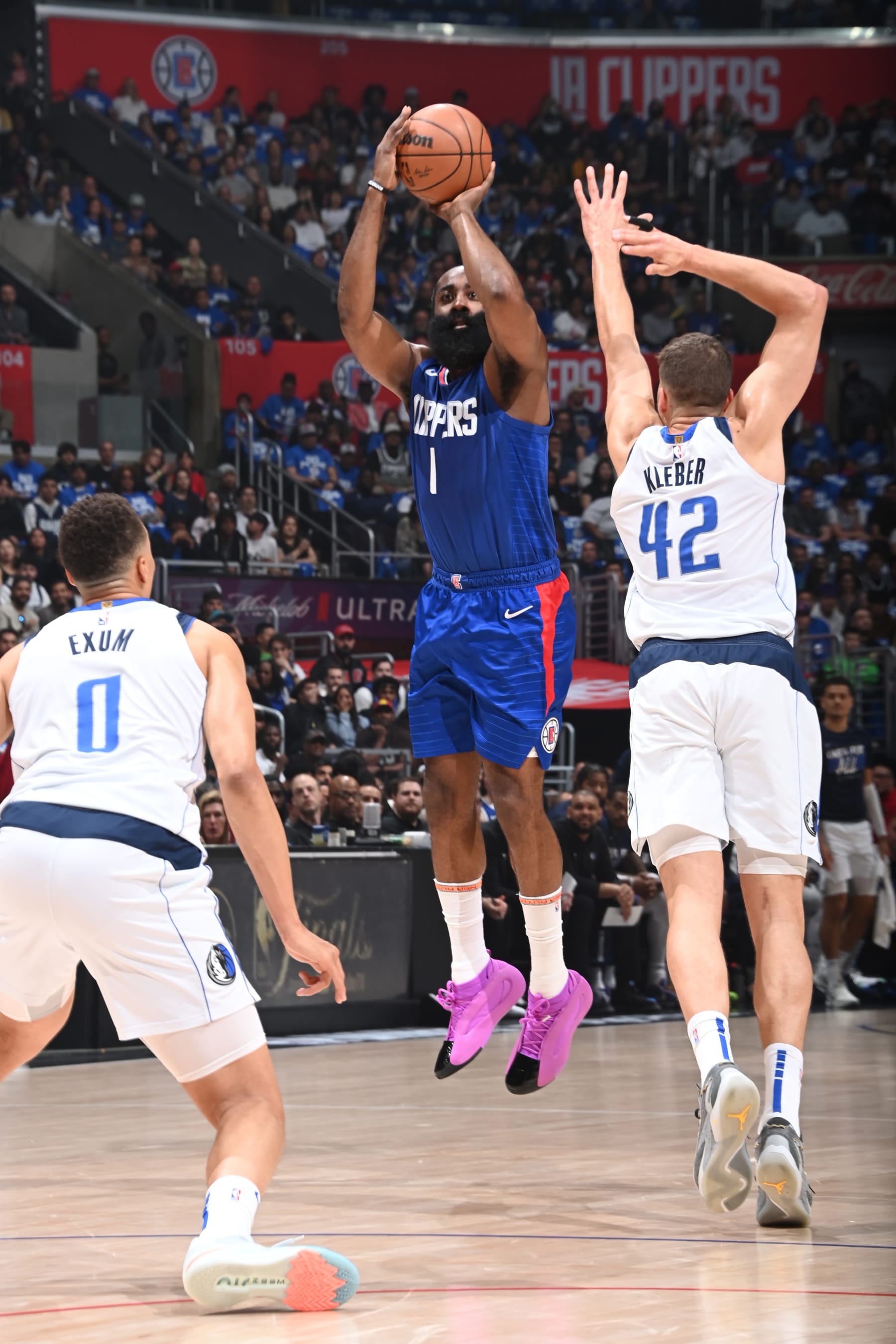 LOS ANGELES, CA - APRIL 21: James Harden #1 of the LA Clippers shoots the ball during the game against the Dallas Mavericks during the 2024 NBA Playoffs on April 21, 2024 at Crypto.Com Arena in Los Angeles, California. NOTE TO USER: User expressly acknowledges and agrees that, by downloading and/or using this Photograph, user is consenting to the terms and conditions of the Getty Images License Agreement. Mandatory Copyright Notice: Copyright 2024 NBAE (Photo by Andrew D. Bernstein/NBAE via Getty Images)