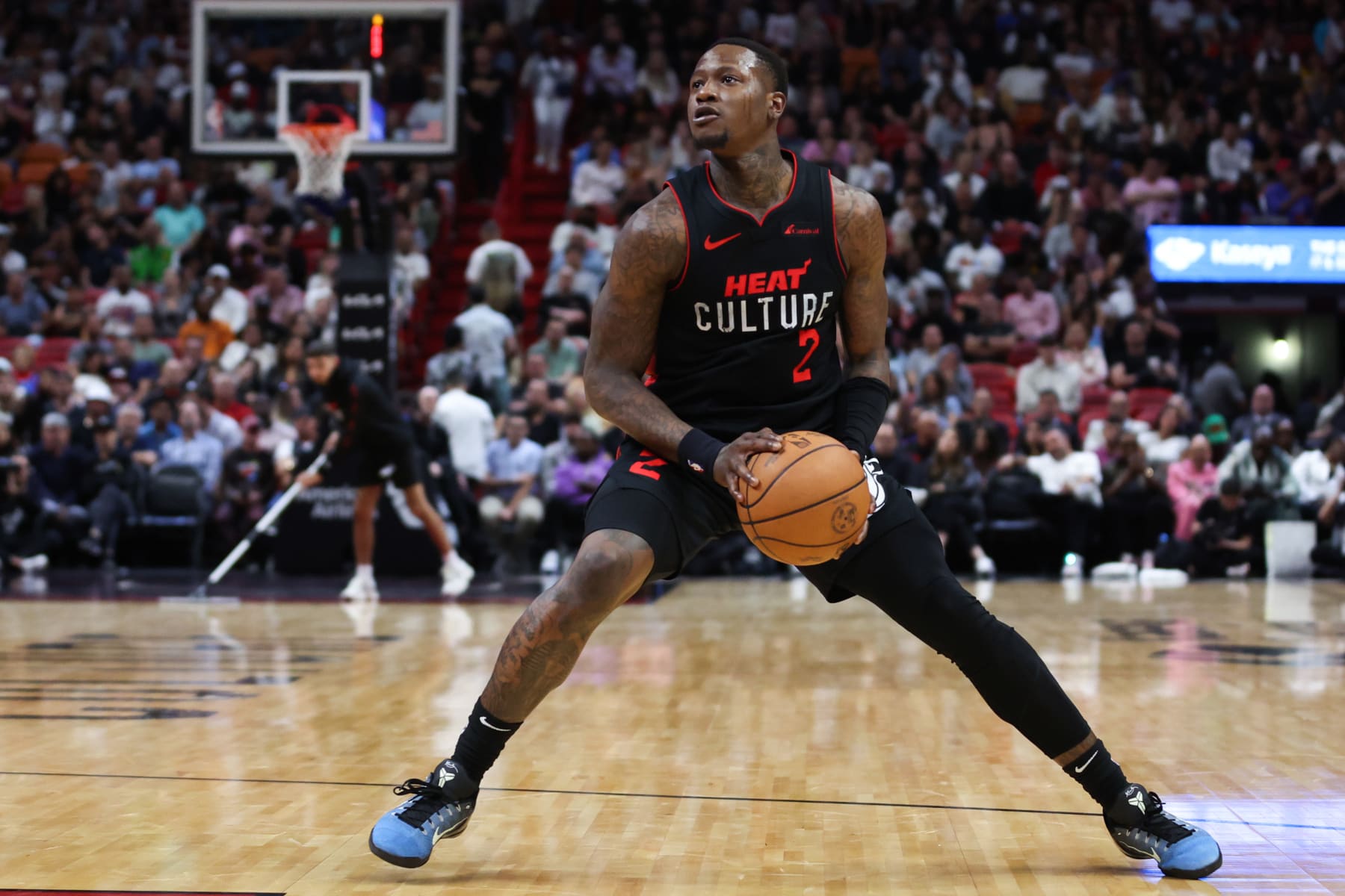 MIAMI, FLORIDA - MARCH 05: Terry Rozier #2 of the Miami Heat dribbles the ball against the Detroit Pistons during the second quarter at Kaseya Center on March 05, 2024 in Miami, Florida. NOTE TO USER: User expressly acknowledges and agrees that, by downloading and or using this photograph, User is consenting to the terms and conditions of the Getty Images License Agreement. (Photo by Megan Briggs/Getty Images)