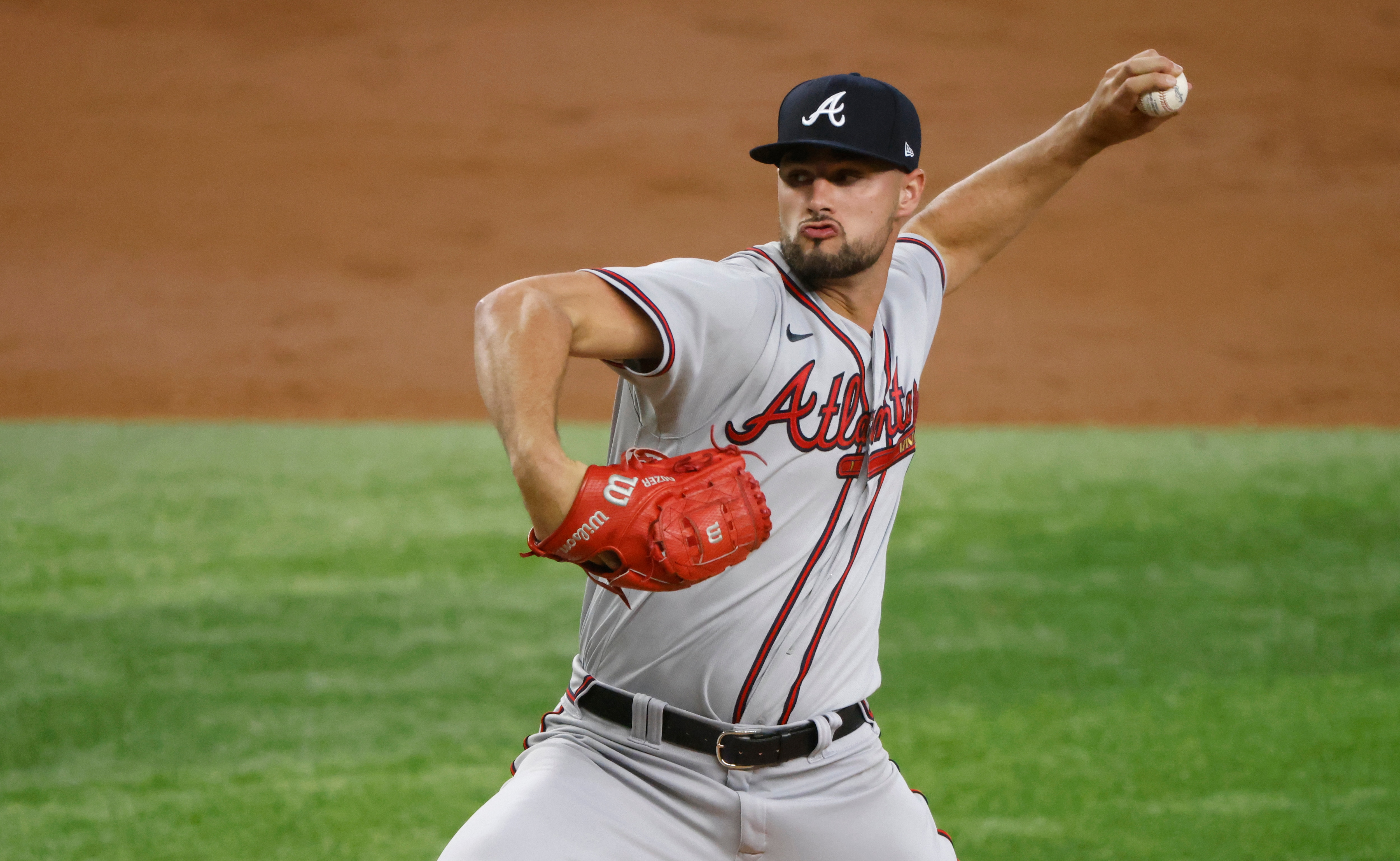 ARLINGTON, TX - MAY  1: Kyle Muller #66 of the Atlanta Braves pitches against the Texas Rangers during the second inning  at Globe Life Field on May 1, 2022 in Arlington, Texas. (Photo by Ron Jenkins/Getty Images)