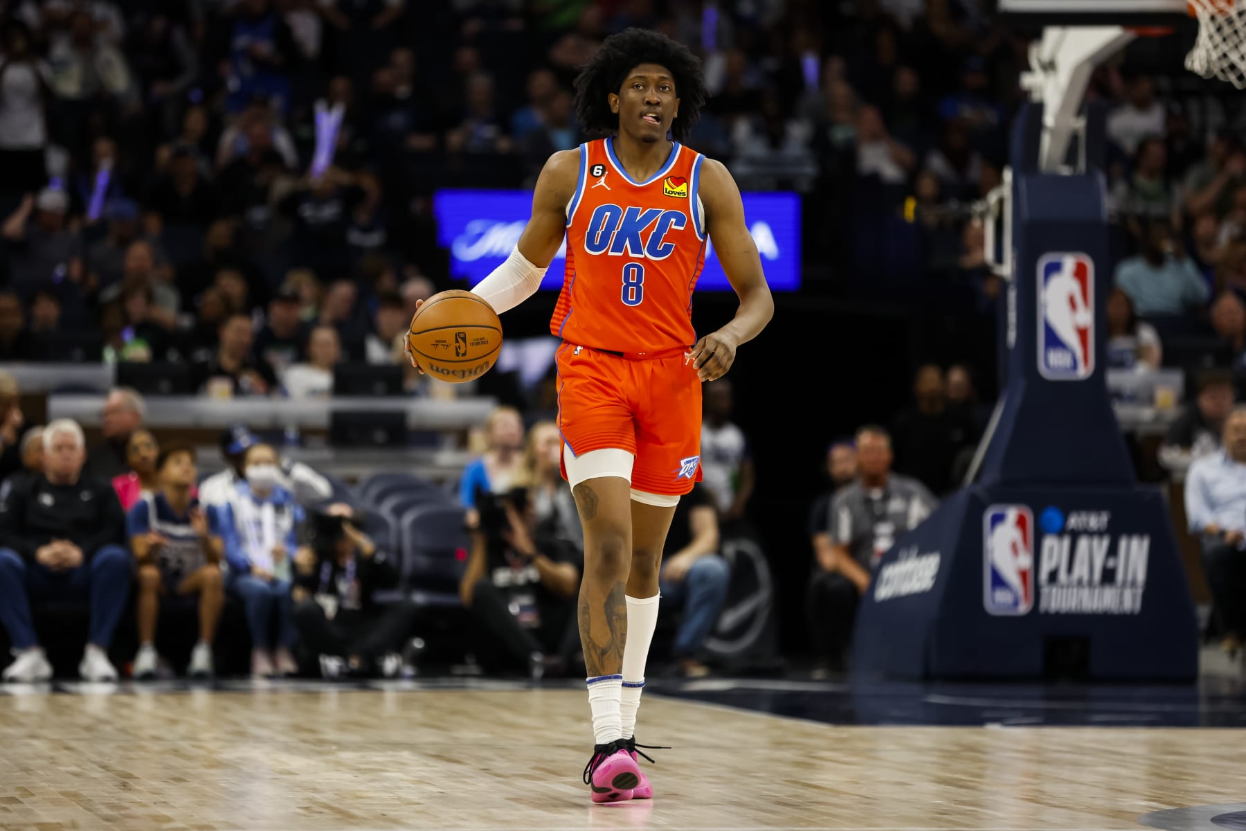 MINNEAPOLIS, MN - APRIL 14: Jalen Williams #8 of the Oklahoma City Thunder dribbles the ball against the Minnesota Timberwolves in the third quarter of the NBA Play-In game at Target Center on April 14, 2023 in Minneapolis, Minnesota. The Timberwolves defeated the Thunder 120-95 to advance to the NBA Playoffs as the #8 seed. NOTE TO USER: User expressly acknowledges and agrees that, by downloading and or using this Photograph, user is consenting to the terms and conditions of the Getty Images License Agreement. (Photo by David Berding/Getty Images)