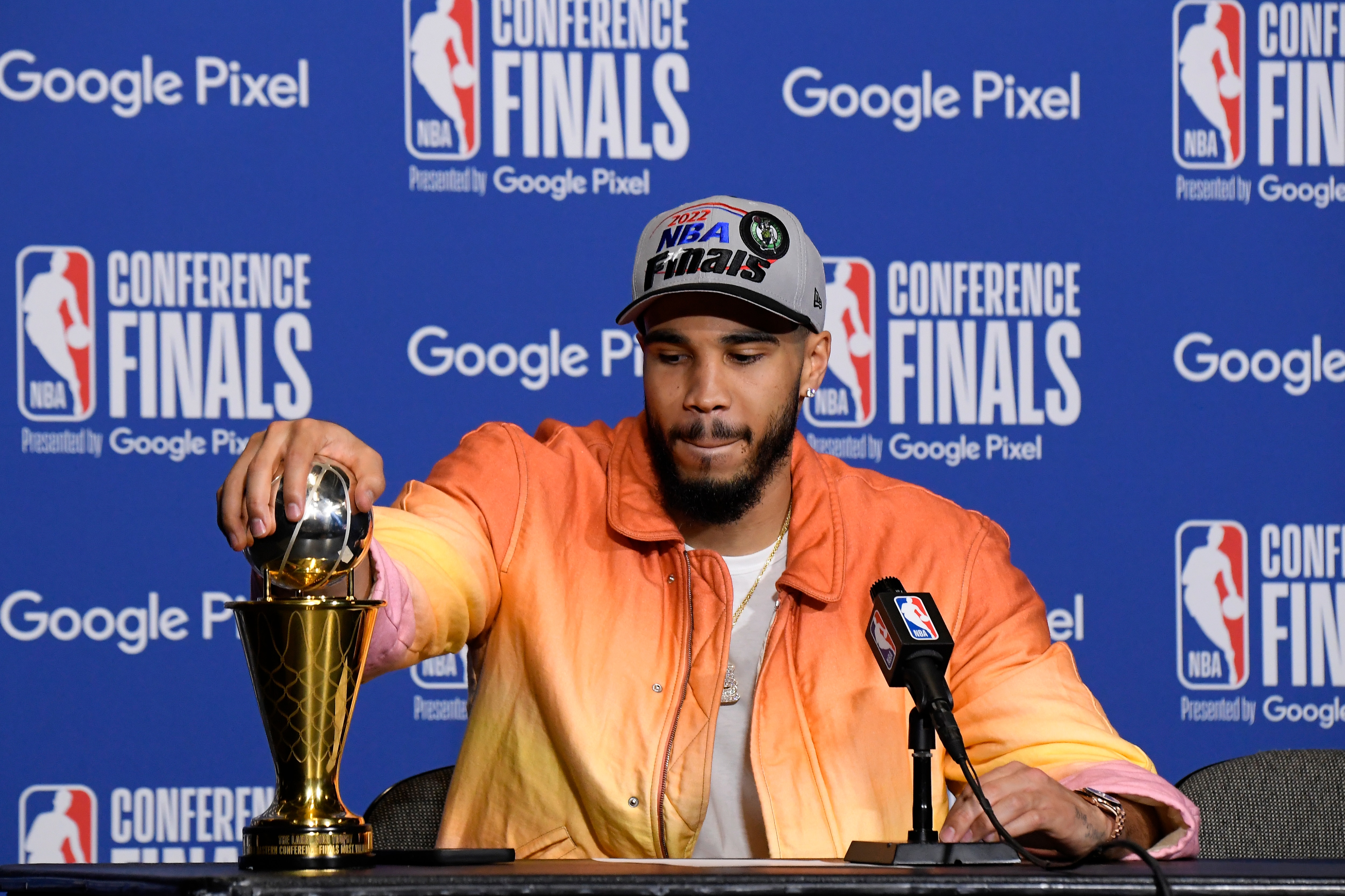 MIAMI, FL - MAY 29: Jayson Tatum #0 of the Boston Celtics talks to the media after Game 7 of the 2022 NBA Playoffs Eastern Conference Finals on May 29, 2022 at the FTX Arena in Miami, Florida.  NOTE TO USER: User expressly acknowledges and agrees that, by downloading and or using this photograph, User is consenting to the terms and conditions of the Getty Images License Agreement. Mandatory Copyright Notice: Copyright 2022 NBAE  (Photo by Brian Babineau/NBAE via Getty Images)