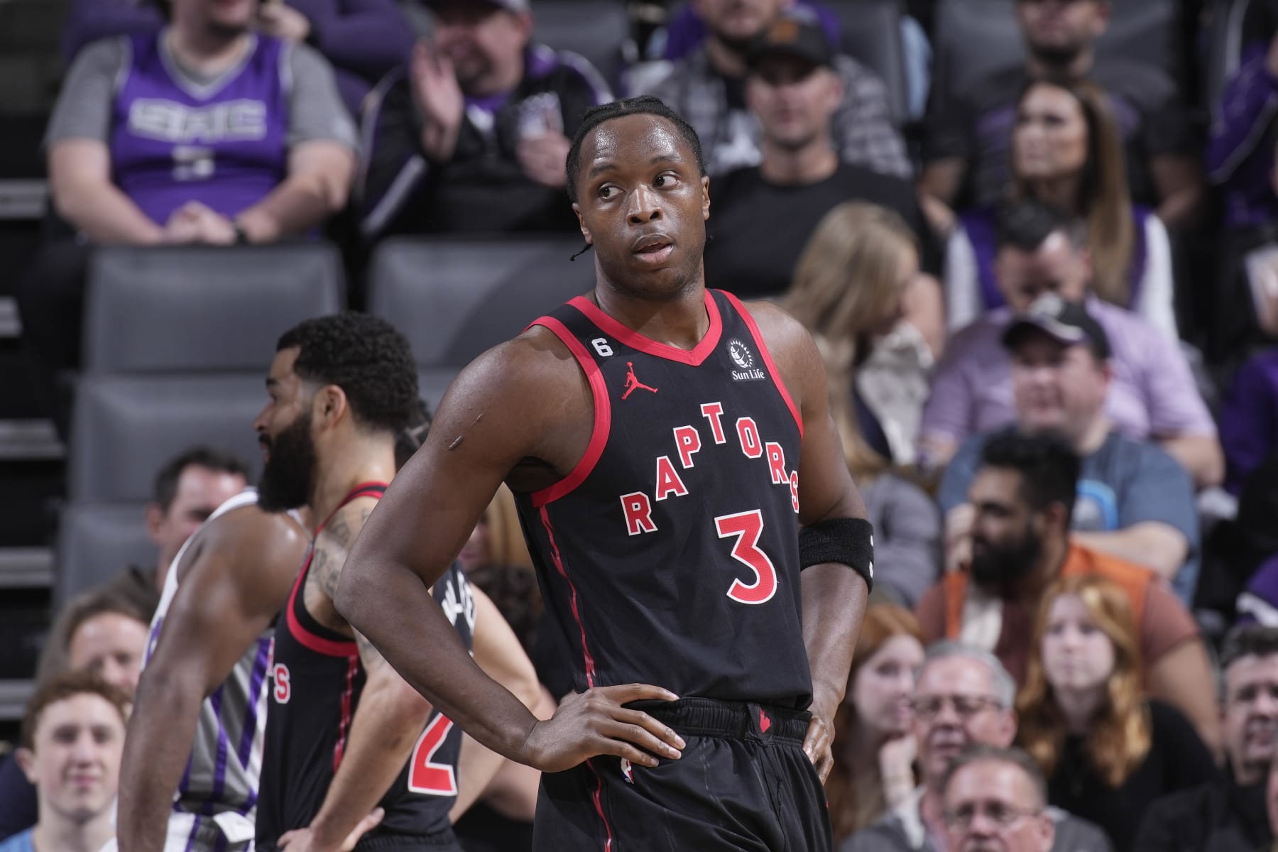 SACRAMENTO, CA - JANUARY 25: O.G. Anunoby #3 of the Toronto Raptors looks on during the game against the Sacramento Kings on January 25, 2023 at Golden 1 Center in Sacramento, California. NOTE TO USER: User expressly acknowledges and agrees that, by downloading and or using this photograph, User is consenting to the terms and conditions of the Getty Images Agreement. Mandatory Copyright Notice: Copyright 2023 NBAE (Photo by Rocky Widner/NBAE via Getty Images)
