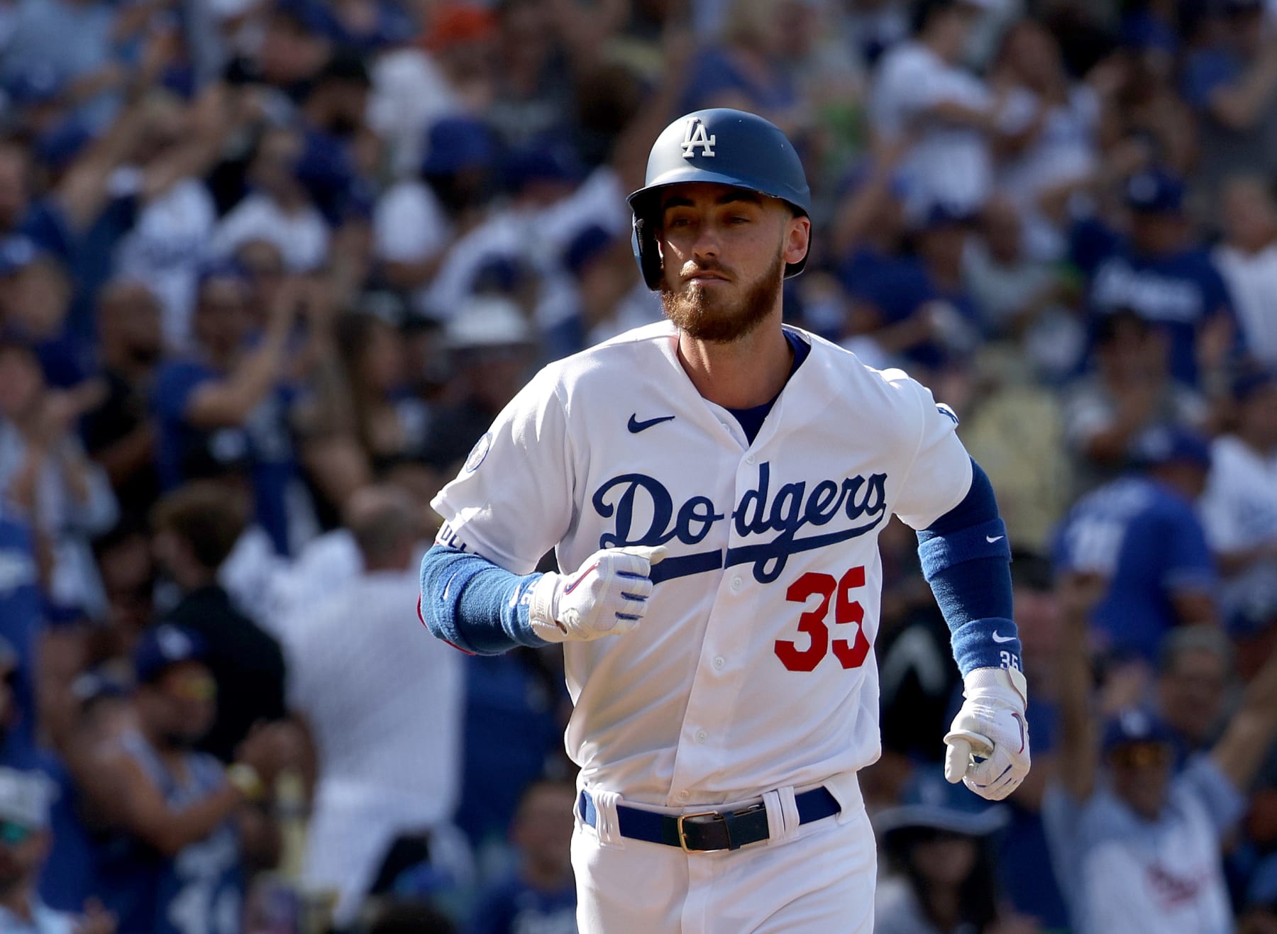 LOS ANGELES, CALIFORNIA - AUGUST 07: Cody Bellinger #35 of the Los Angeles Dodgers runs in from third after his solo homerun, to take a 1-0 lead over the San Diego Padres, during the third inning at Dodger Stadium on August 07, 2022 in Los Angeles, California. (Photo by Harry How/Getty Images)