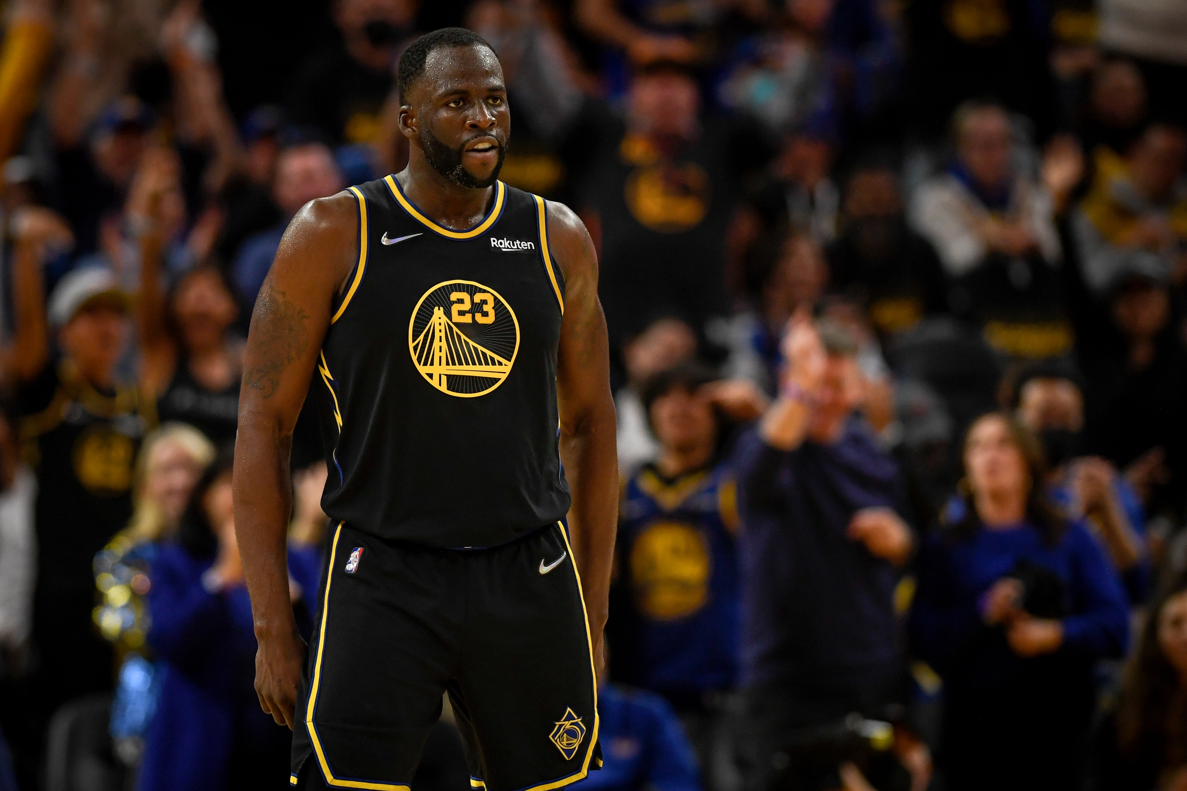 SAN FRANCISCO , CA - APRIL 16: Draymond Green (23) of the Golden State Warriors stands tall during the third quarter against the Denver Nuggets at the Chase Center on Satruday, April 16, 2022. (Photo by AAron Ontiveroz/MediaNews Group/The Denver Post via Getty Images)