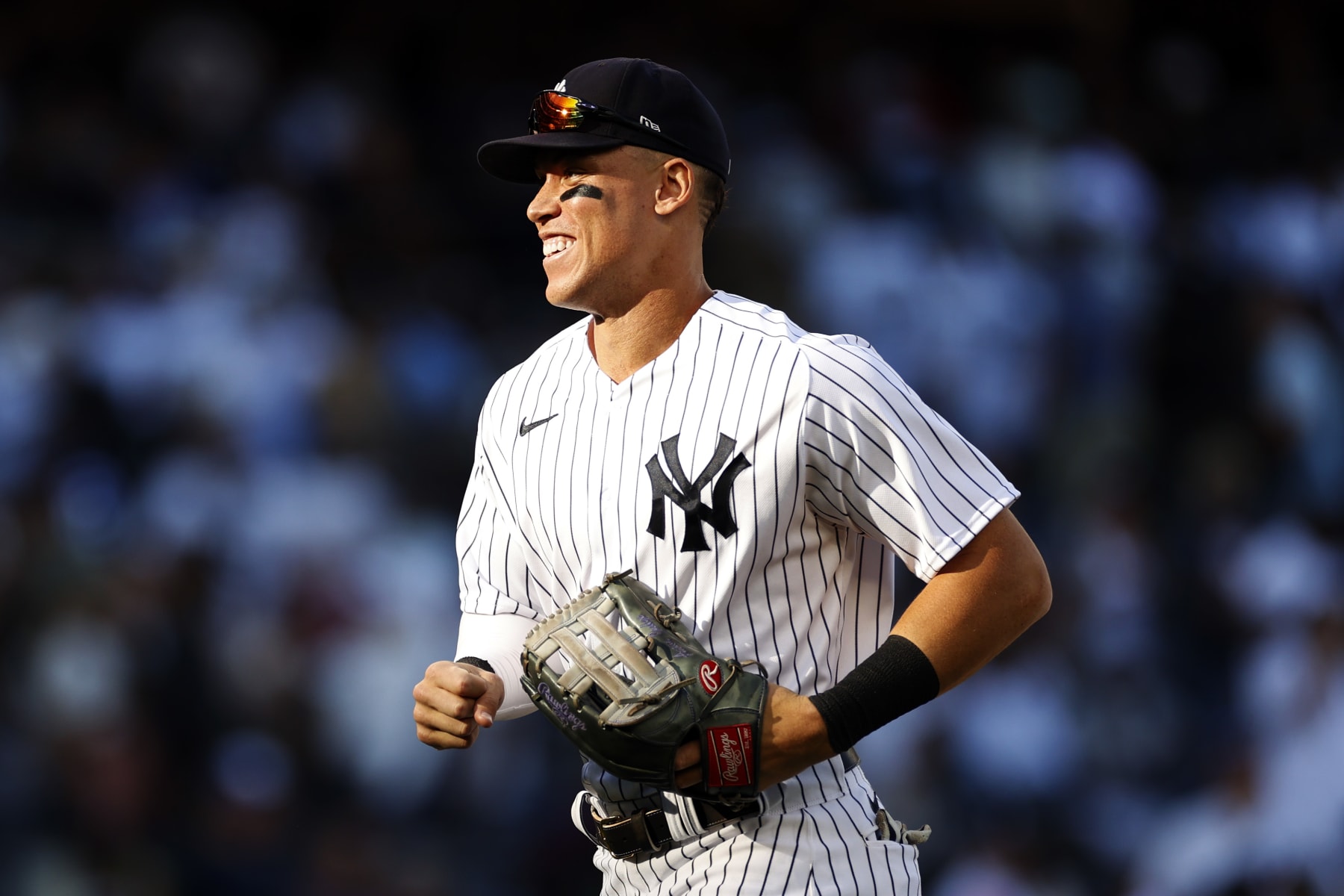 NEW YORK, NEW YORK - SEPTEMBER 24: Aaron Judge #99 of the New York Yankees reacts after the ninth inning against the Boston Red Sox at Yankee Stadium on September 24, 2022 in the Bronx borough of New York City. The New York Yankees won 7-5. (Photo by Sarah Stier/Getty Images)