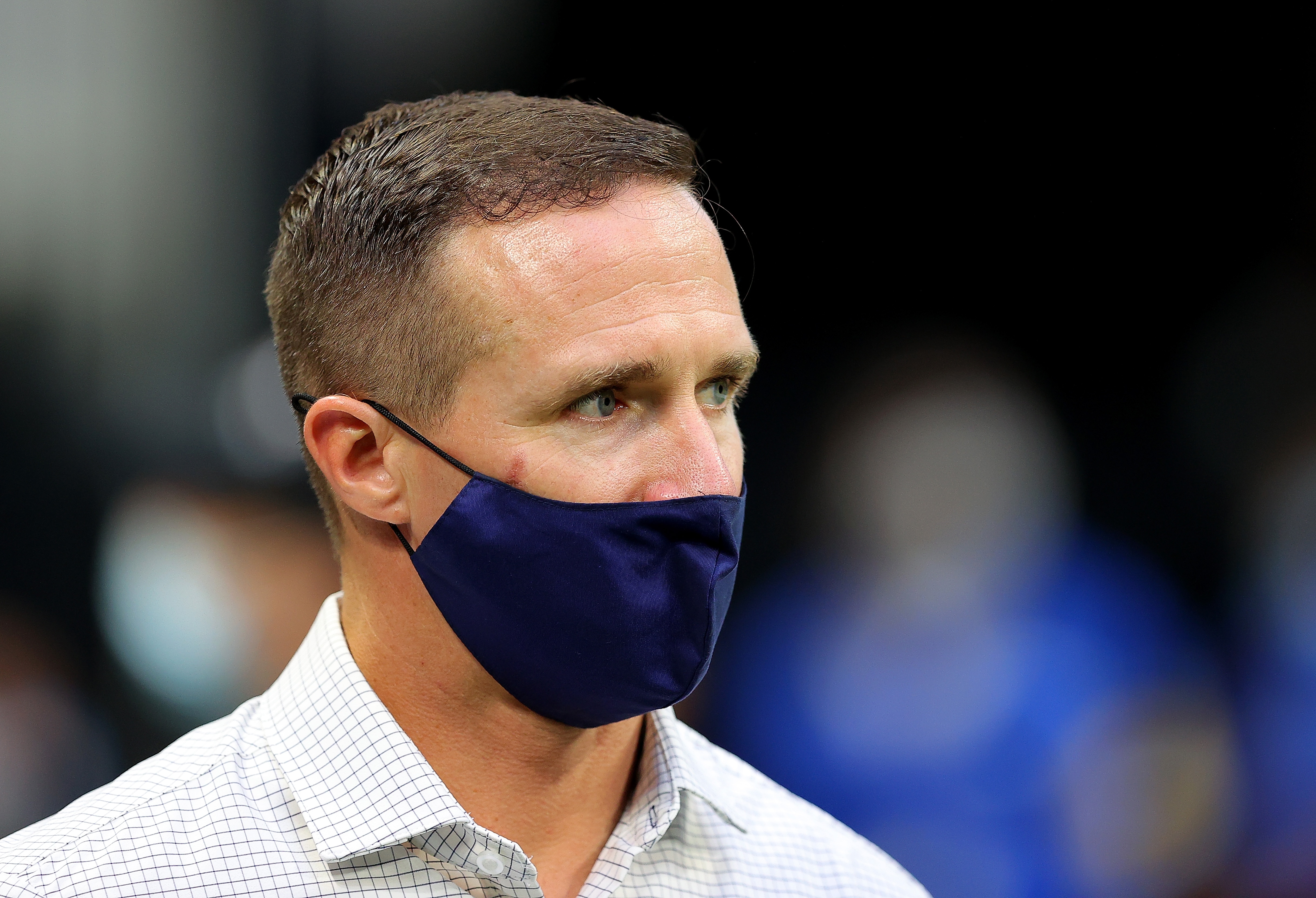 ATLANTA, GEORGIA - AUGUST 29:  Former NFL player Drew Brees looks on during pregame warmups prior to the game between the Atlanta Falcons and the Cleveland Browns at Mercedes-Benz Stadium on August 29, 2021 in Atlanta, Georgia. (Photo by Kevin C. Cox/Getty Images)
