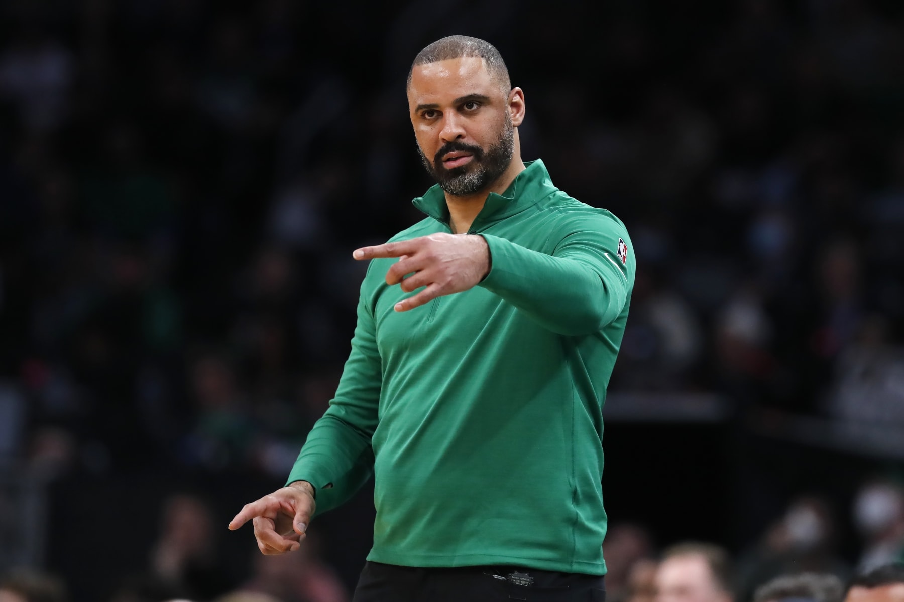 Boston Celtics head coach Ime Udoka during the second half of Game 2 of an NBA basketball first-round Eastern Conference playoff series against the Brooklyn Nets, Wednesday, April 20, 2022, in Boston. (AP Photo/Michael Dwyer)