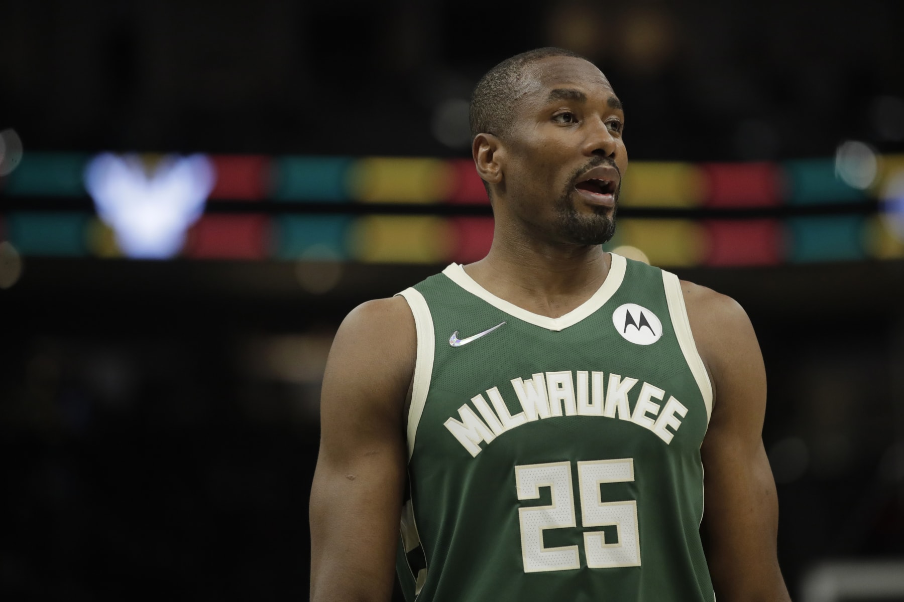 Milwaukee Bucks' Serge Ibaka during the second half of an NBA basketball game against the Portland Trail Blazers Monday, Feb. 14, 2022, in Milwaukee. (AP Photo/Aaron Gash)