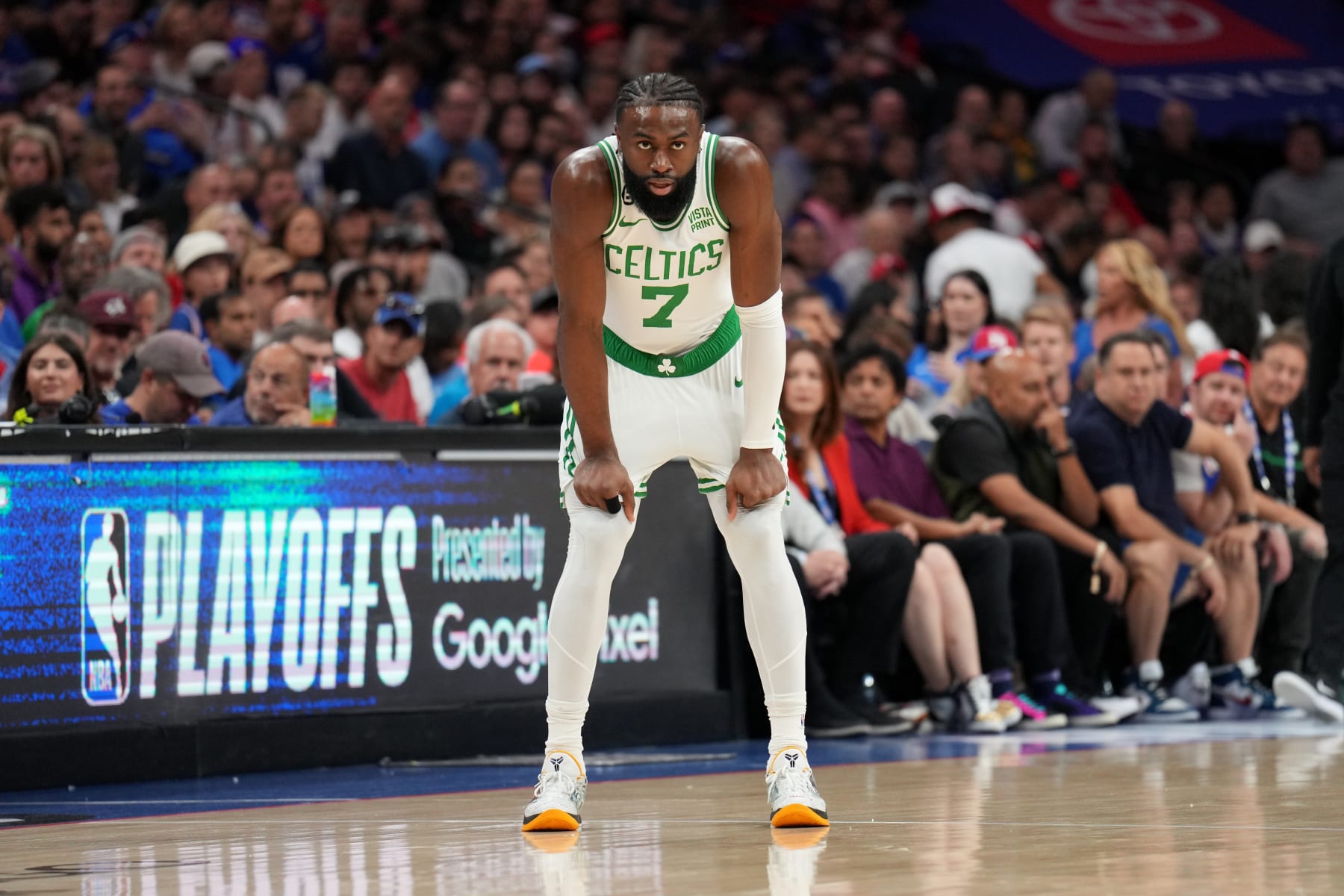 PHILADELPHIA, PA - MAY 11: Jaylen Brown #7 of the Boston Celtics looks on during the game against the Philadelphia 76ers during Game 6 of the 2023 NBA Playoffs Eastern Conference semi-finals on May 11, 2023 at the Wells Fargo Center in Philadelphia, Pennsylvania NOTE TO USER: User expressly acknowledges and agrees that, by downloading and/or using this Photograph, user is consenting to the terms and conditions of the Getty Images License Agreement. Mandatory Copyright Notice: Copyright 2023 NBAE (Photo by Jesse D. Garrabrant/NBAE via Getty Images)