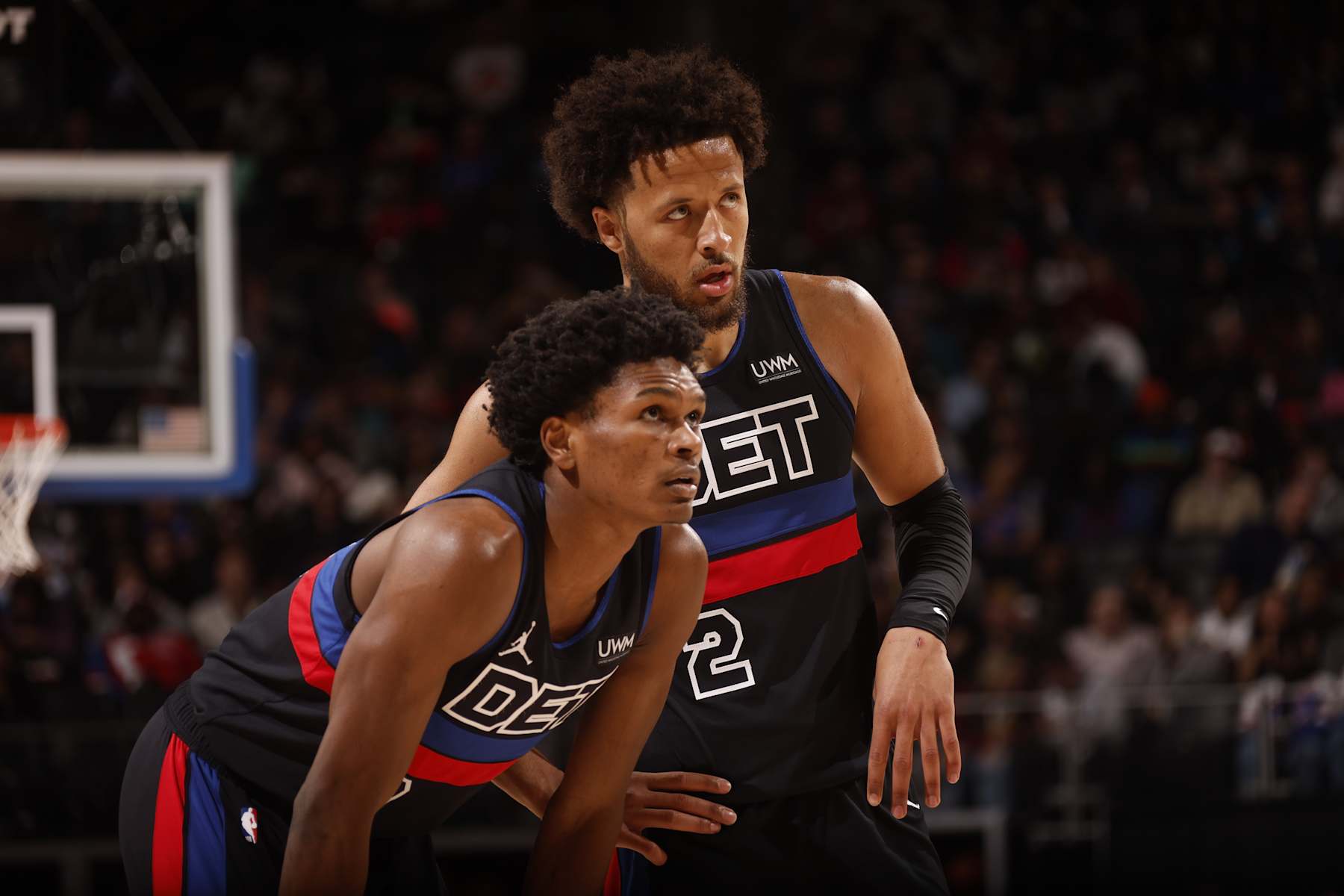 DETROIT, MI - MARCH 1: Ausar Thompson #9 and Cade Cunningham #2 of the Detroit Pistons during the game against the Cleveland Cavaliers on March 1, 2024 at Little Caesars Arena in Detroit, Michigan. NOTE TO USER: User expressly acknowledges and agrees that, by downloading and/or using this photograph, User is consenting to the terms and conditions of the Getty Images License Agreement. Mandatory Copyright Notice: Copyright 2024 NBAE (Photo by Brian Sevald/NBAE via Getty Images)