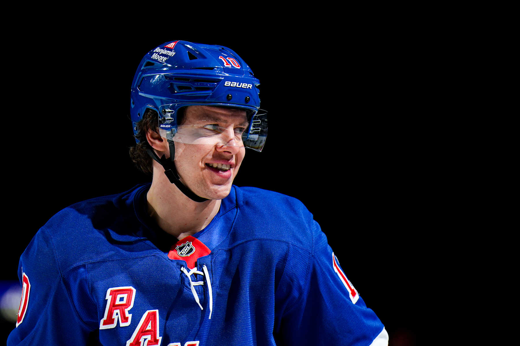NEW YORK, NEW YORK - JANUARY 28:  Artemi Panarin #10 of the New York Rangers skates during warmups prior to the game against the Carolina Hurricanes at Madison Square Garden on January 28, 2025 in New York City. (Photo by Jared Silber/NHLI via Getty Images)