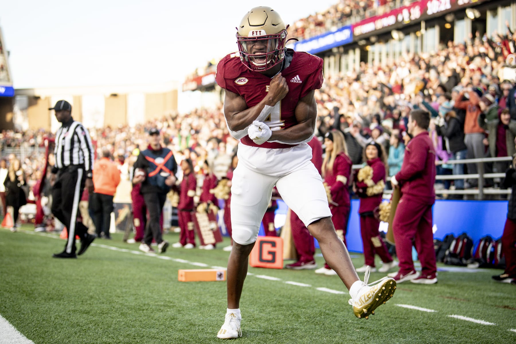 CHESTNUT HILL, MASSACHUSETTS - NOVEMBER 20: Zay Flowers #4 of the Boston College Eagles reacts after scoring a touchdown during the third quarter against the Florida State Seminoles at Alumni Stadium on November 20, 2021 in Chestnut Hill, Massachusetts. (Photo by Maddie Malhotra/Getty Images)