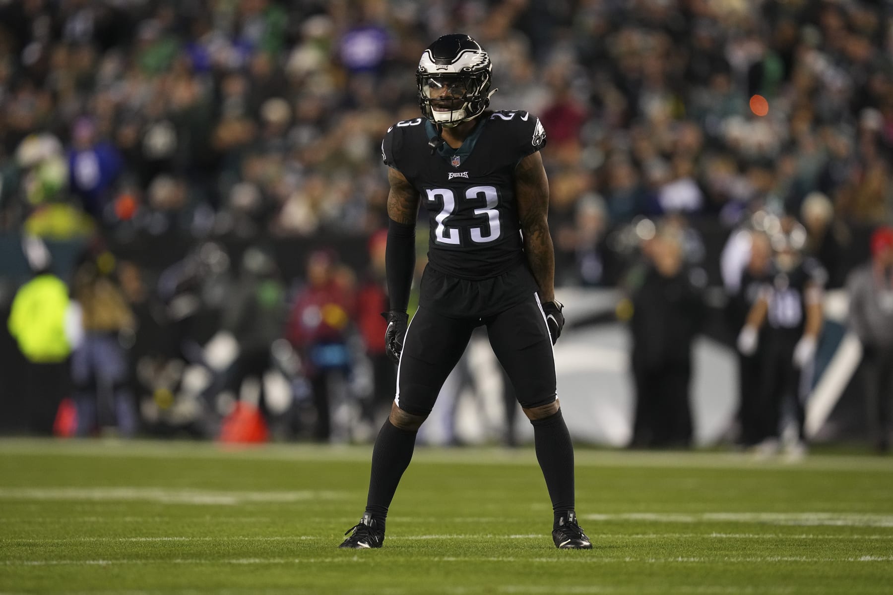 PHILADELPHIA, PA - JANUARY 08: C.J. Gardner-Johnson #23 of the Philadelphia Eagles looks on against the New York Giants at Lincoln Financial Field on January 8, 2023 in Philadelphia, Pennsylvania. (Photo by Mitchell Leff/Getty Images)