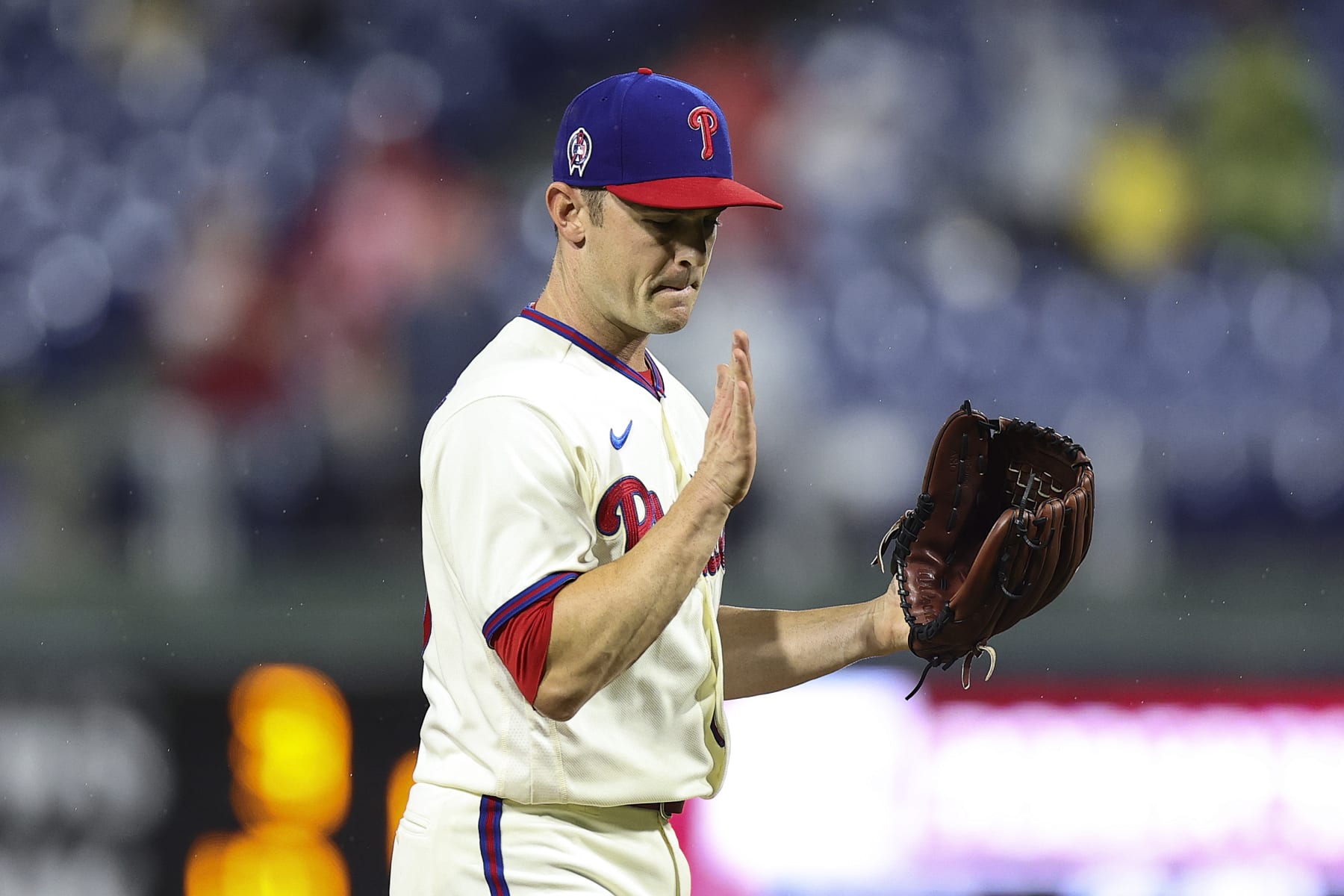 PHILADELPHIA, PENNSYLVANIA - SEPTEMBER 11: David Robertson #30 of the Philadelphia Phillies reacts after defeating the Washington Nationals at Citizens Bank Park on September 11, 2022 in Philadelphia, Pennsylvania. (Photo by Tim Nwachukwu/Getty Images)