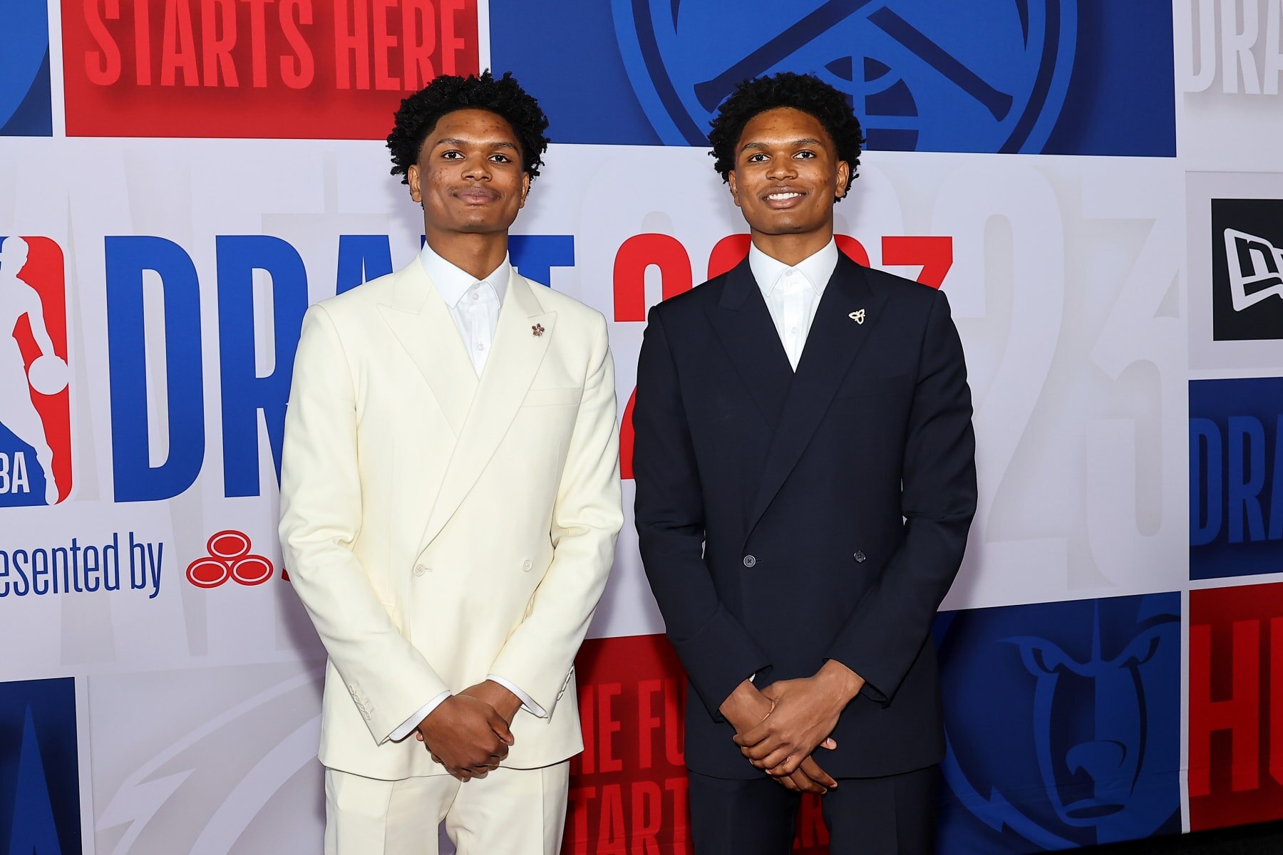 NEW YORK, NEW YORK - JUNE 22: (L-R) Amen Thompson and  Ausar Thompson arrive prior to the first round of the 2023 NBA Draft at Barclays Center on June 22, 2023 in the Brooklyn borough of New York City. NOTE TO USER: User expressly acknowledges and agrees that, by downloading and or using this photograph, User is consenting to the terms and conditions of the Getty Images License Agreement. (Photo by Arturo Holmes/Getty Images)