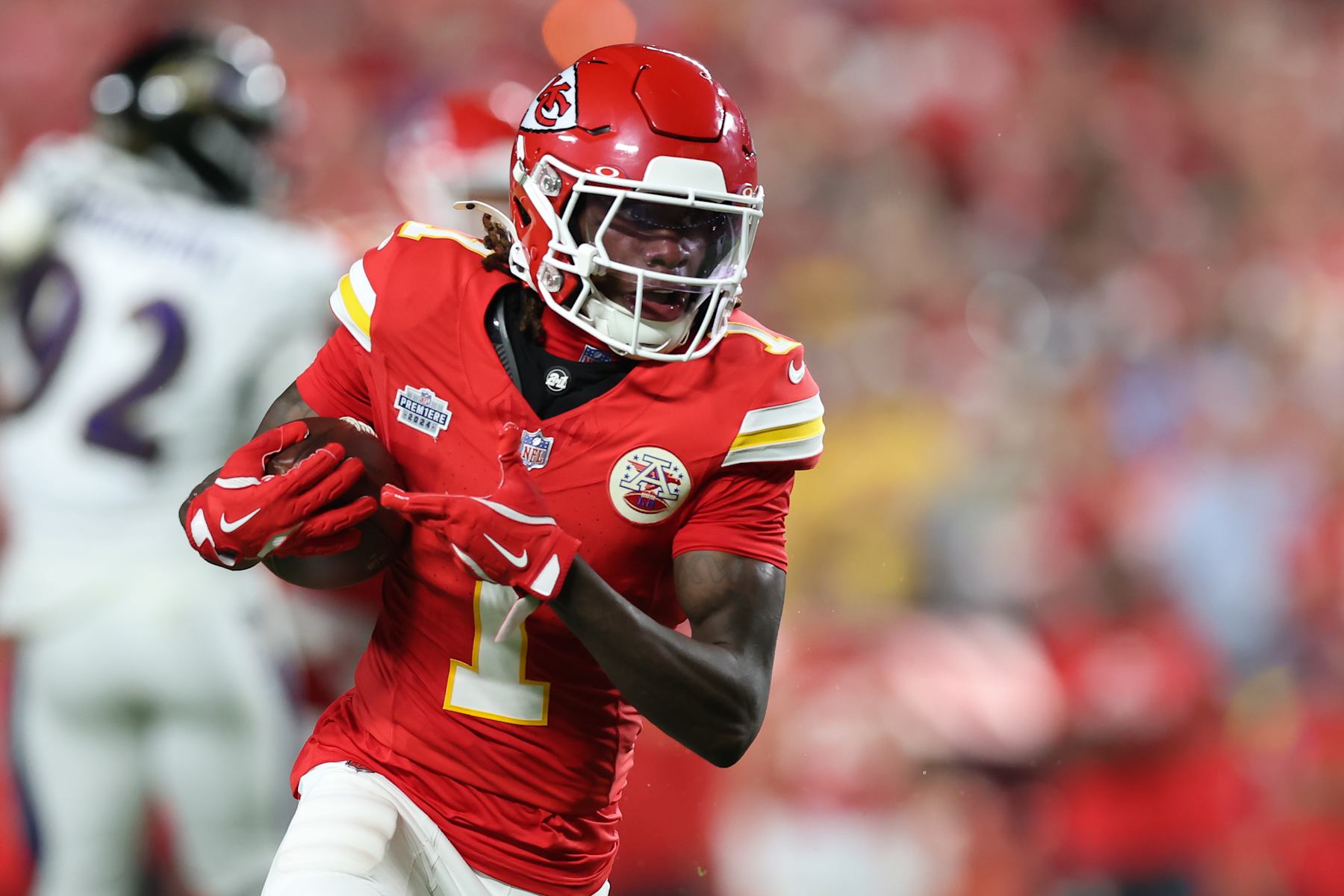 KANSAS CITY, MO - SEPTEMBER 05: Kansas City Chiefs wide receiver Xavier Worthy (1) runs after the catch in the second quarter of an NFL game between the Baltimore Ravens and Kansas City Chiefs on September 5, 2024 at GEHA Field at Arrowhead Stadium in Kansas City, MO. (Photo by Scott Winters/Icon Sportswire via Getty Images)