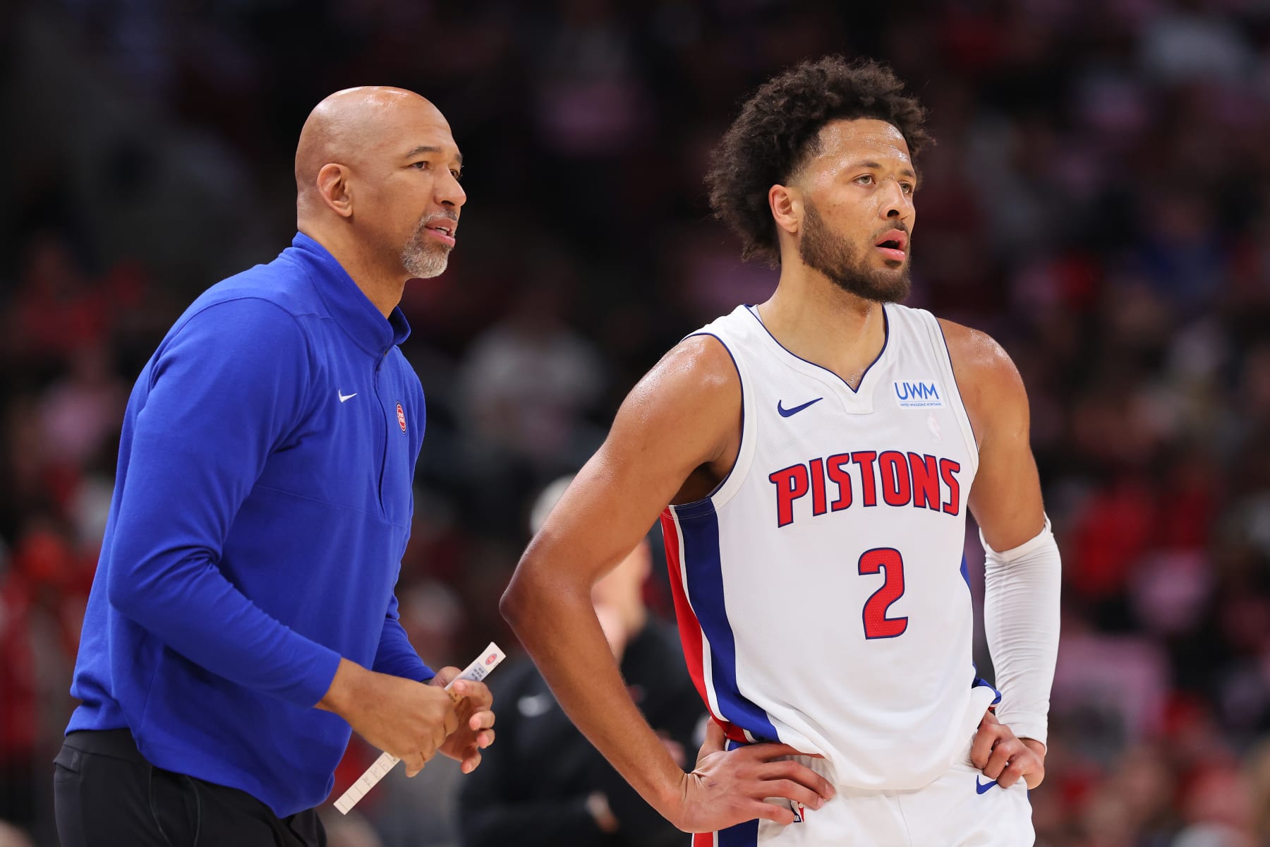 CHICAGO, ILLINOIS - FEBRUARY 27: Head coach Monty Williams of the Detroit Pistons talks with Cade Cunningham #2 against the Chicago Bulls during the second half at the United Center on February 27, 2024 in Chicago, Illinois. NOTE TO USER: User expressly acknowledges and agrees that, by downloading and or using this photograph, User is consenting to the terms and conditions of the Getty Images License Agreement. (Photo by Michael Reaves/Getty Images)