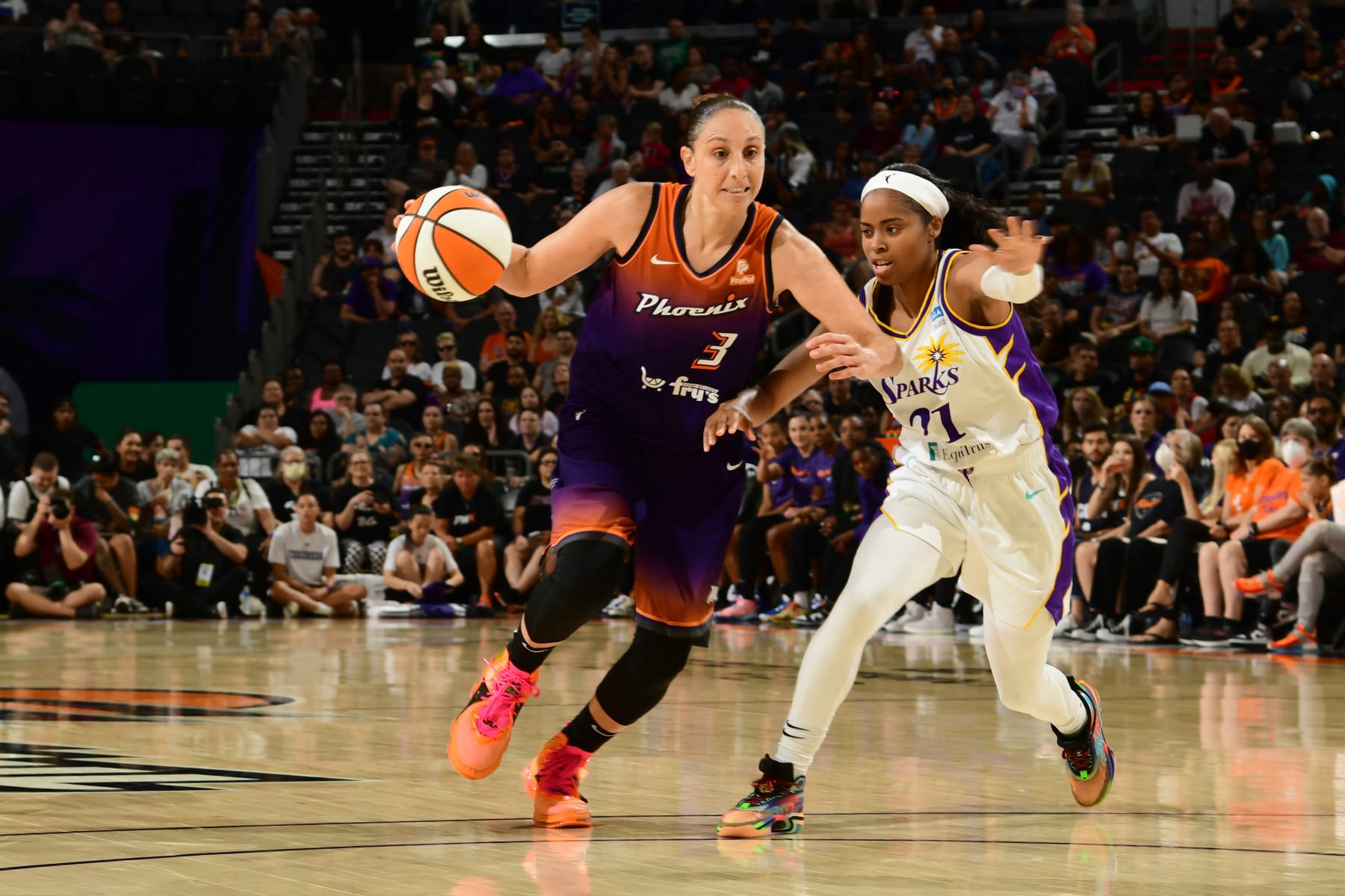 PHOENIX, AZ - JULY 28: Diana Taurasi #3 of the Phoenix Mercury drives to the basket during the game against the Los Angeles Sparks on July 28, 2022 at Footprint Center in Phoenix, Arizona. NOTE TO USER: User expressly acknowledges and agrees that, by downloading and/or using this Photograph, user is consenting to the terms and conditions of the Getty Images License Agreement. Mandatory Copyright Notice: Copyright 2022 NBAE (Photo by Kate Frese/NBAE via Getty Images)