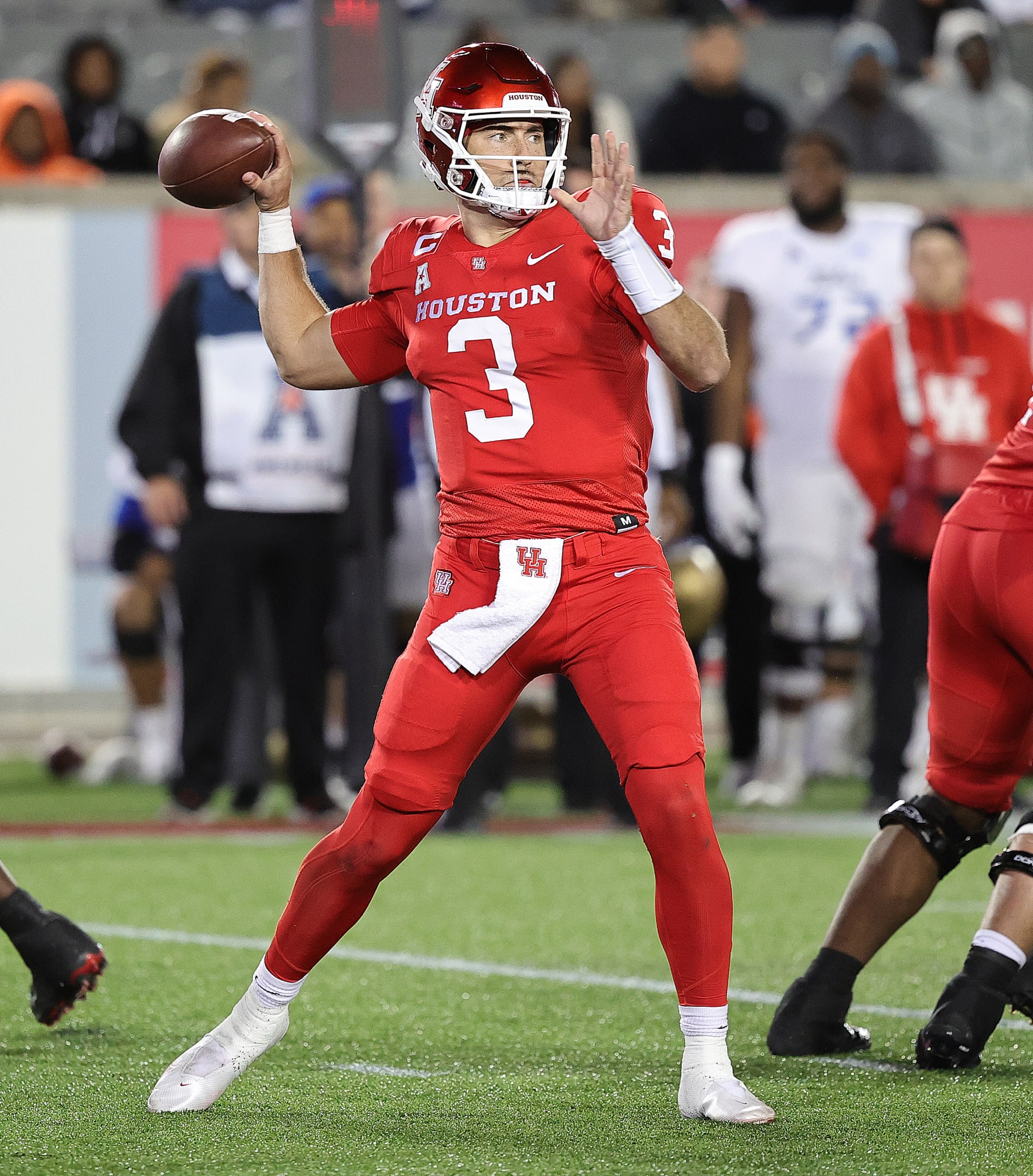 HOUSTON, TEXAS - NOVEMBER 26: Clayton Tune #3 of the Houston Cougars throws a pass against the Tulsa Golden Hurricane during the first half at TDECU Stadium on November 26, 2022 in Houston, Texas. (Photo by Bob Levey/Getty Images)
