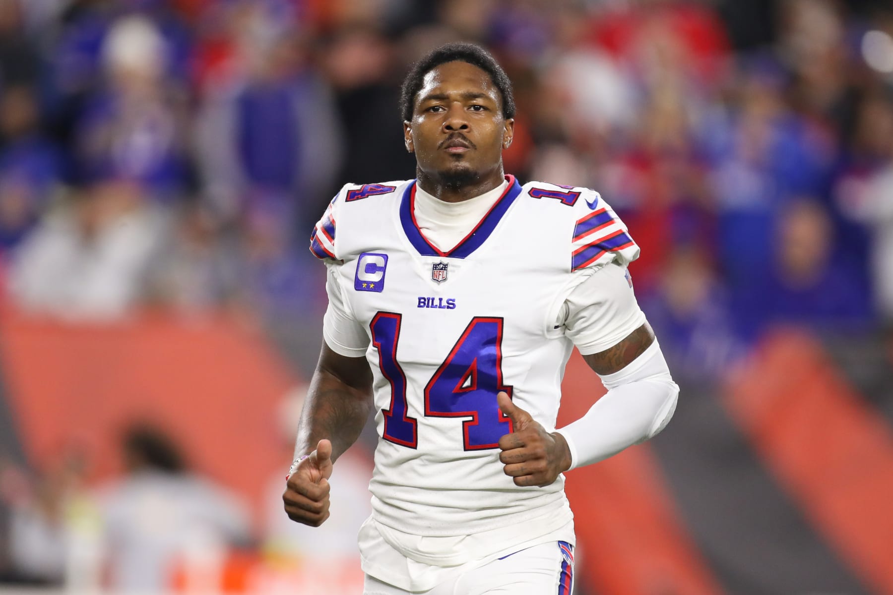 CINCINNATI, OH - JANUARY 02: Buffalo Bills wide receiver Stefon Diggs (14) runs off the field before the game against the Buffalo Bills and the Cincinnati Bengals on January 2, 2023, at Paycor Stadium in Cincinnati, OH. (Photo by Ian Johnson/Icon Sportswire via Getty Images)