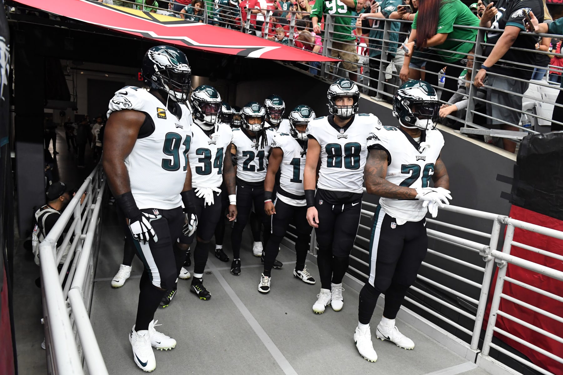 GLENDALE, ARIZONA - OCTOBER 09: The Philadelphia Eagles wait to jog onto the field during pregame against the Arizona Cardinals at State Farm Stadium on October 09, 2022 in Glendale, Arizona. (Photo by Norm Hall/Getty Images)