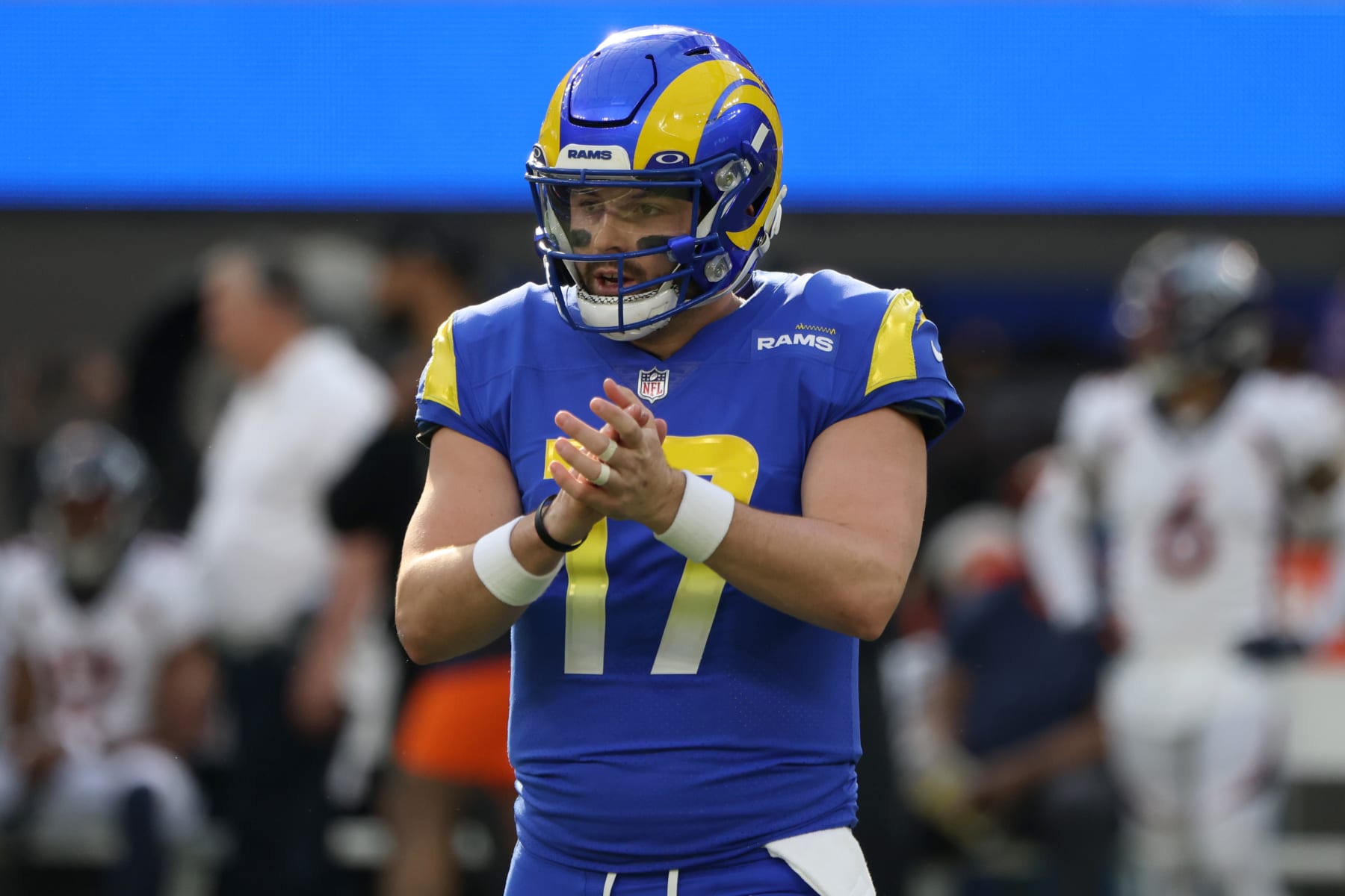 INGLEWOOD, CALIFORNIA - DECEMBER 25: Baker Mayfield #17 of the Los Angeles Rams looks on during the first quarter of the game against the Denver Broncos at SoFi Stadium on December 25, 2022 in Inglewood, California. (Photo by Katelyn Mulcahy/Getty Images)