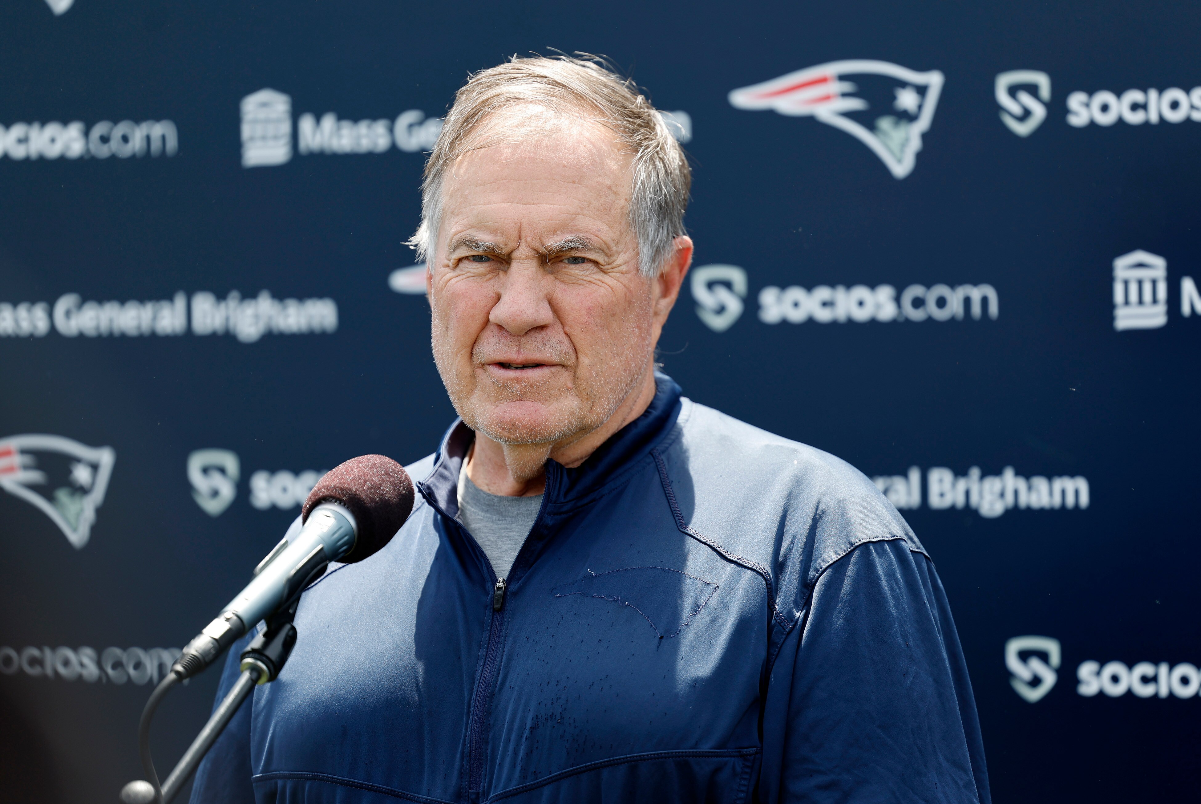 FOXBOROUGH, MA - JUNE 07: New England Patriots head coach Bill Belichick gives an interview during Day 1 of New England Patriots minicamp on June 7, 2022 at the Patriots Training Facility at Gillette Stadium in Foxborough, Massachusetts. (Photo by Fred Kfoury III/Icon Sportswire via Getty Images)