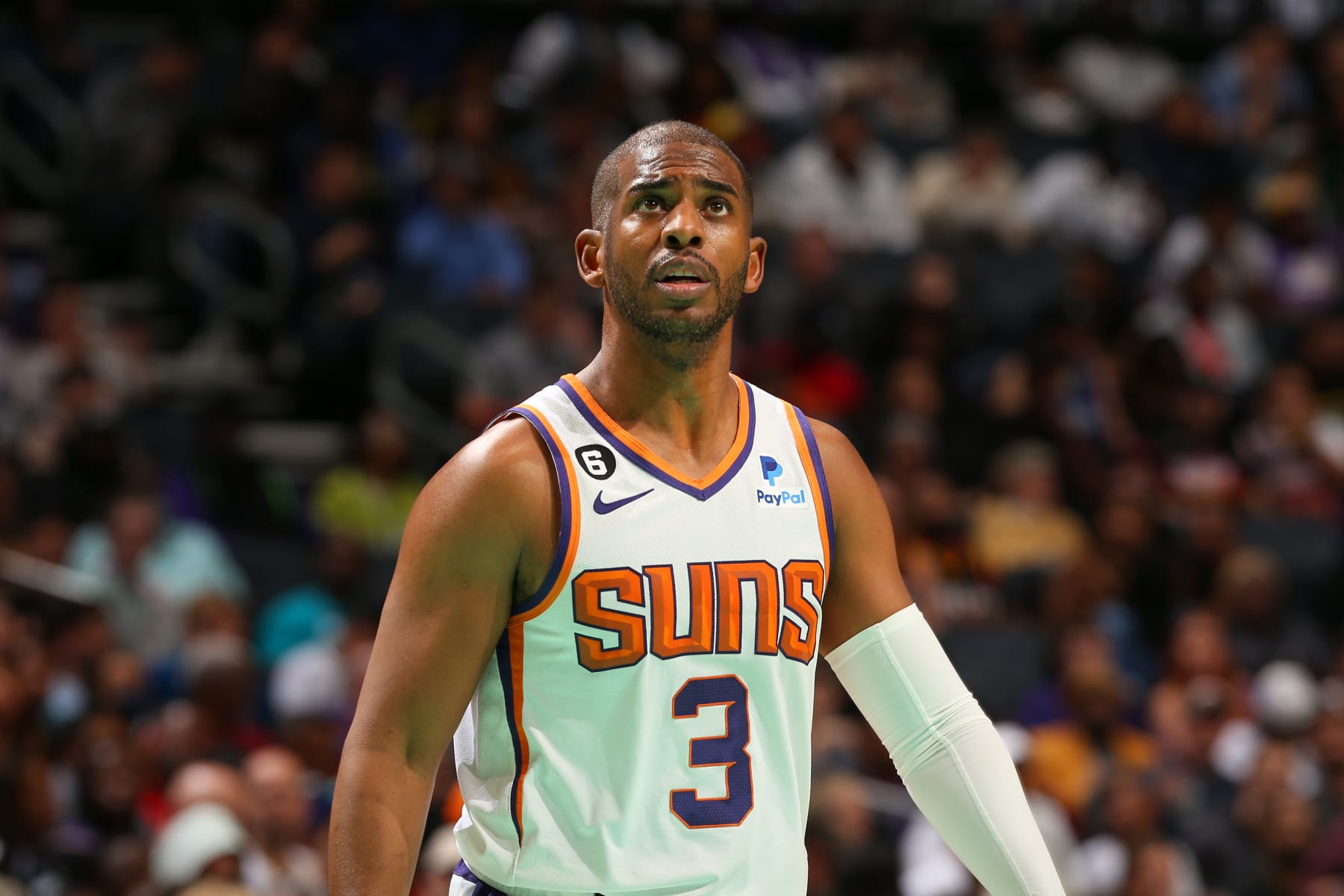 CHARLOTTE, NC - MARCH 1: Chris Paul #3 of the Phoenix Suns looks on during the game against the Charlotte Hornets on March 1, 2023 at Spectrum Center in Charlotte, North Carolina. NOTE TO USER: User expressly acknowledges and agrees that, by downloading and or using this photograph, User is consenting to the terms and conditions of the Getty Images License Agreement. Mandatory Copyright Notice: Copyright 2023 NBAE (Photo by Kent Smith/NBAE via Getty Images)