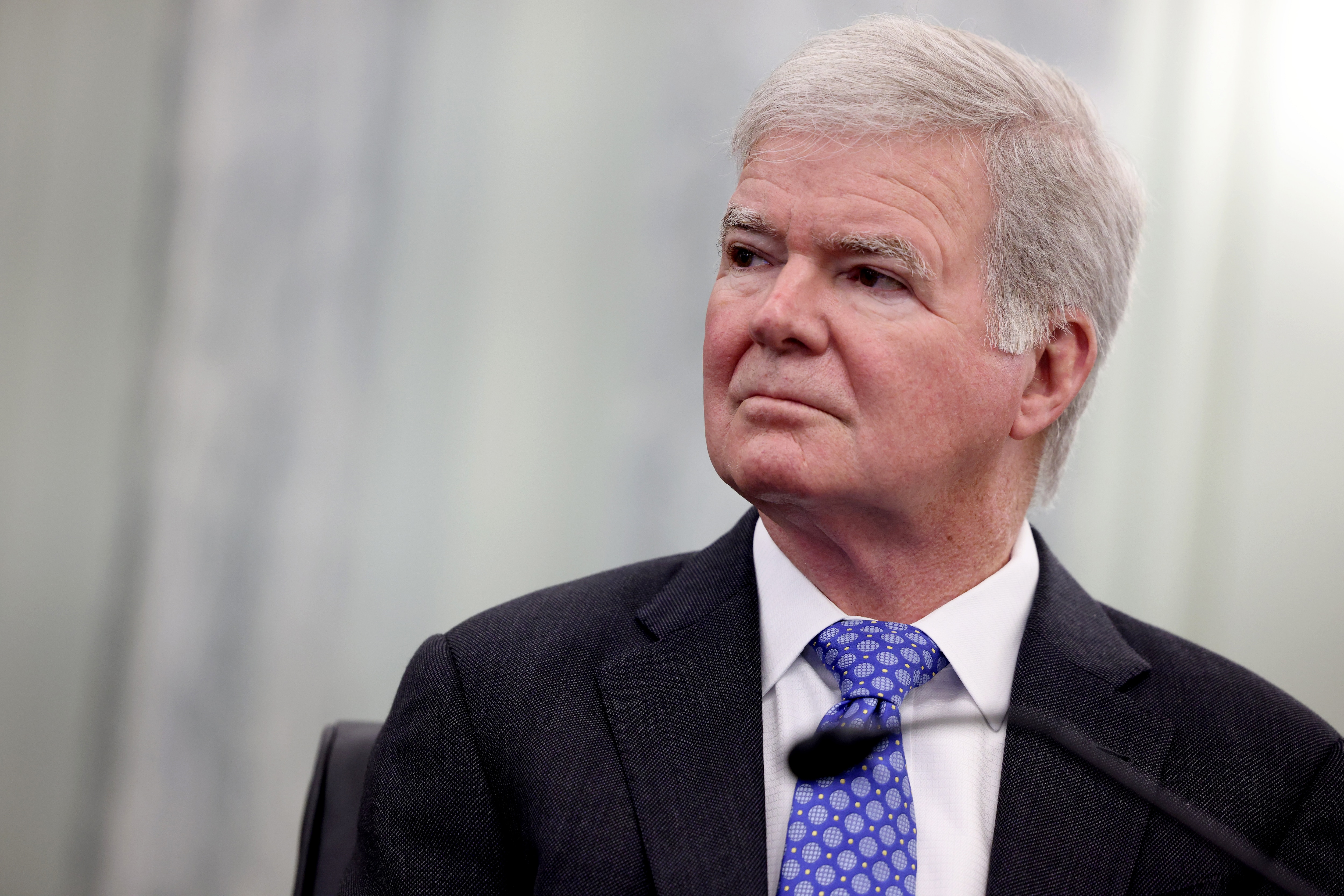 WASHINGTON, DC - JUNE 09:  NCAA president Mark Emmert listens during a Senate Commerce, Science and Transportation Committee hearing on “NCAA Athlete NIL (name, image, and likeness) Rights” on Capitol Hill on June 9, 2021 in Washington, DC. Congress hopes to pass legislation on NIL compensation at the federal level before it takes effect in several states across the country on July 1. (Photo by Anna Moneymaker/Getty Images)