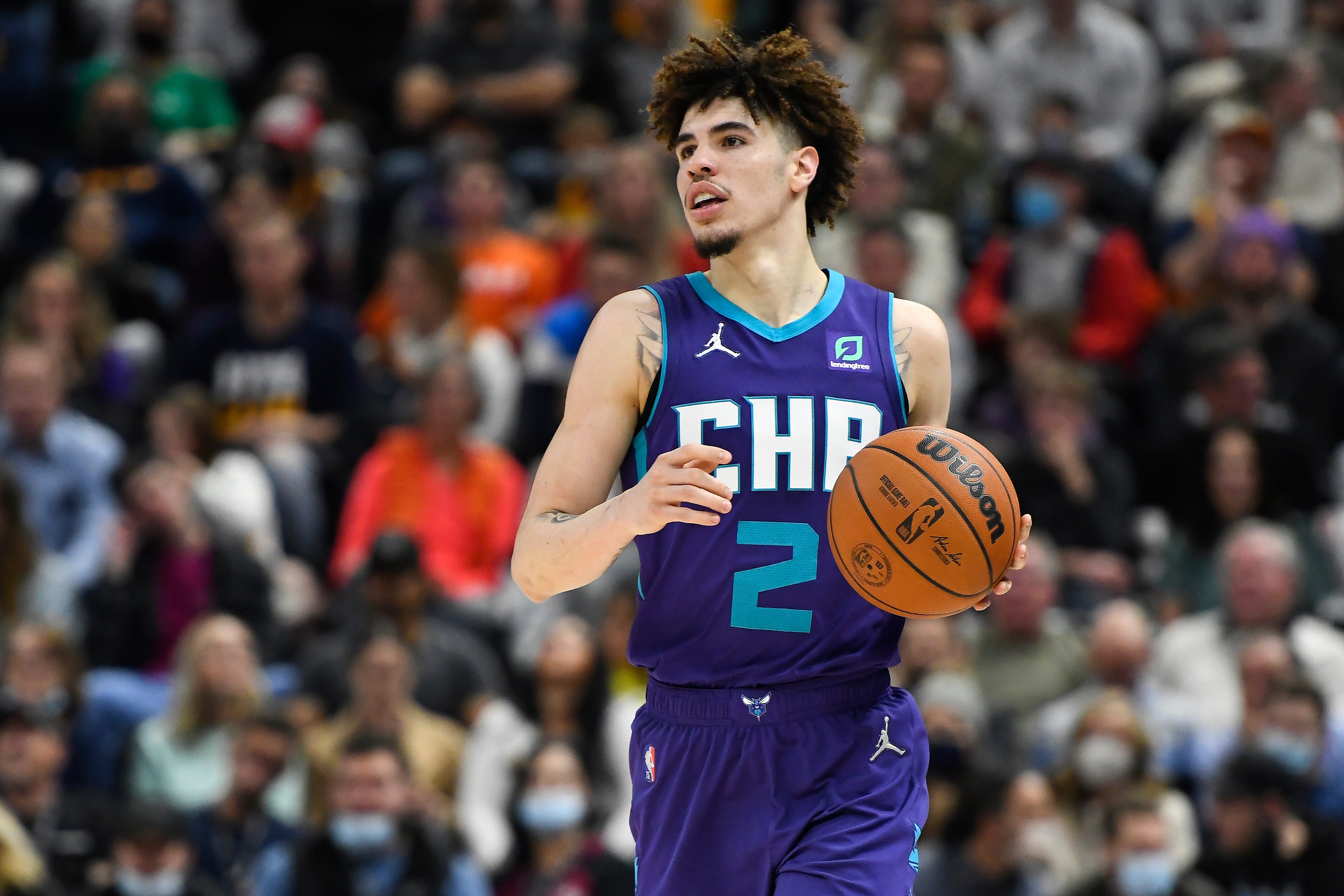 SALT LAKE CITY, UTAH - DECEMBER 20: LaMelo Ball #2 of the Charlotte Hornets in action in the second half of a game against the Utah Jazz at Vivint Smart Home Arena on December 20, 2021 in Salt Lake City, Utah. NOTE TO USER: User expressly acknowledges and agrees that, by downloading and or using this photograph, User is consenting to the terms and conditions of the Getty Images License Agreement. (Photo by Alex Goodlett/Getty Images)
