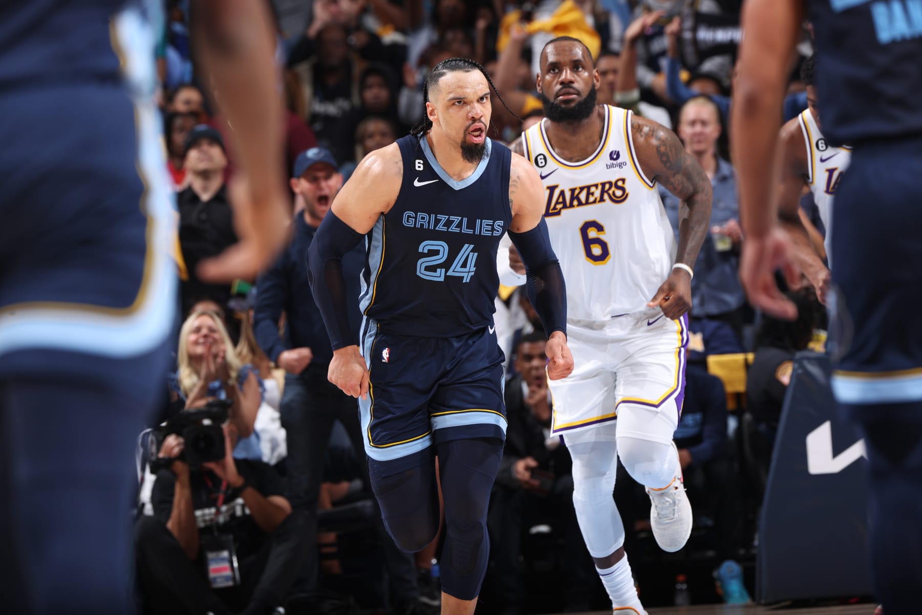 MEMPHIS, TN - APRIL 16: Dillon Brooks #24 of the Memphis Grizzlies reacts during Round 1 Game 1 of the NBA Playoffs against the Los Angeles Lakers on April 16, 2023 at FedExForum in Memphis, Tennessee. NOTE TO USER: User expressly acknowledges and agrees that, by downloading and or using this photograph, User is consenting to the terms and conditions of the Getty Images License Agreement. Mandatory Copyright Notice: Copyright 2023 NBAE (Photo by Joe Murphy/NBAE via Getty Images)