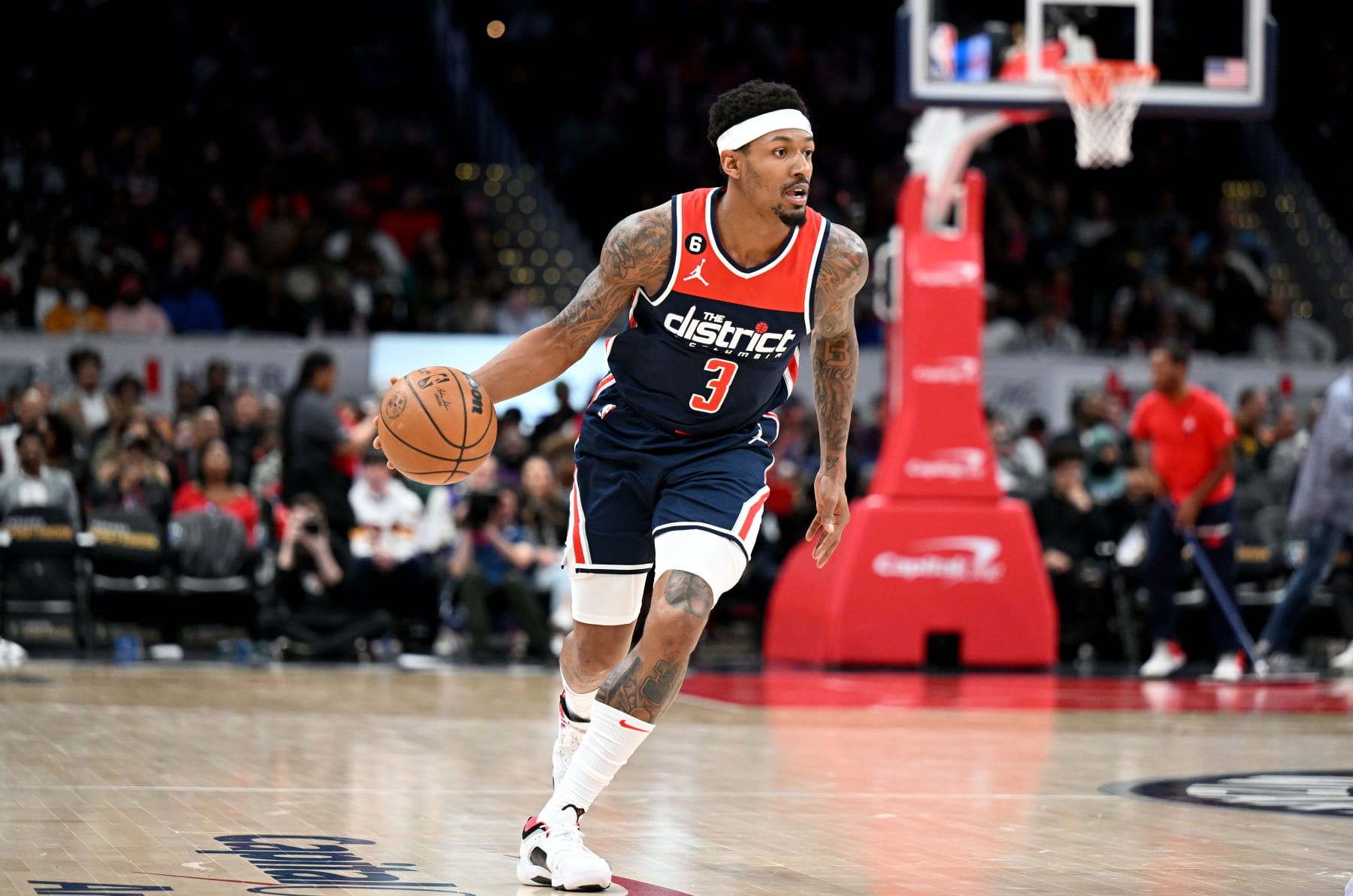 WASHINGTON, DC - MARCH 18: Bradley Beal #3 of the Washington Wizards handles the ball in the third quarter of the game against the Sacramento Kings at Capital One Arena on March 18, 2023 in Washington, DC.  NOTE TO USER: User expressly acknowledges and agrees that, by downloading and or using this photograph, User is consenting to the terms and conditions of the Getty Images License Agreement.  (Photo by G Fiume/Getty Images)