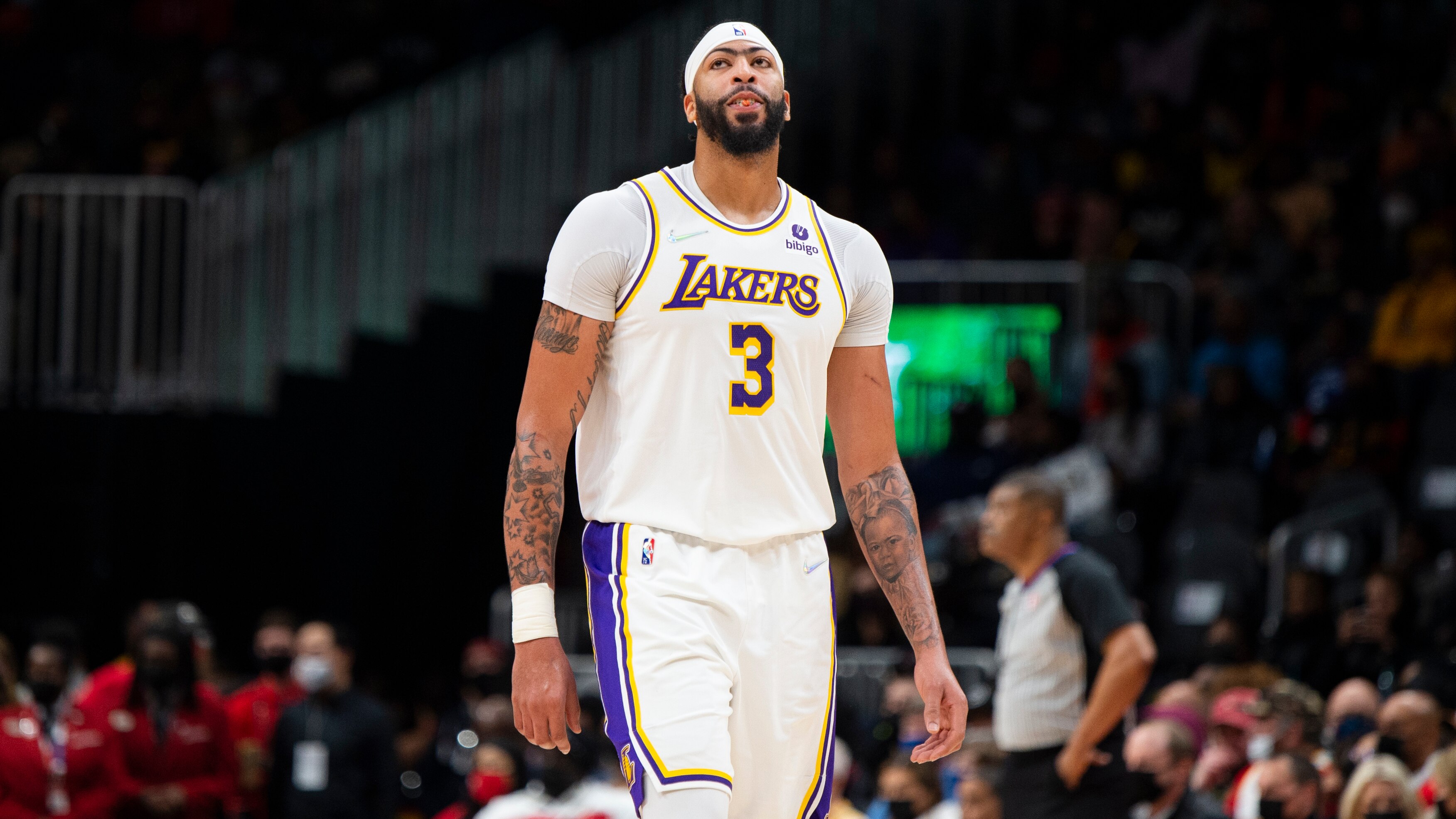 Los Angeles Lakers forward Anthony Davis (3) is shown during the second half of an NBA basketball game against the Atlanta Hawks Sunday, Jan. 30, 2022, in Atlanta. (AP Photo/Hakim Wright Sr.)
