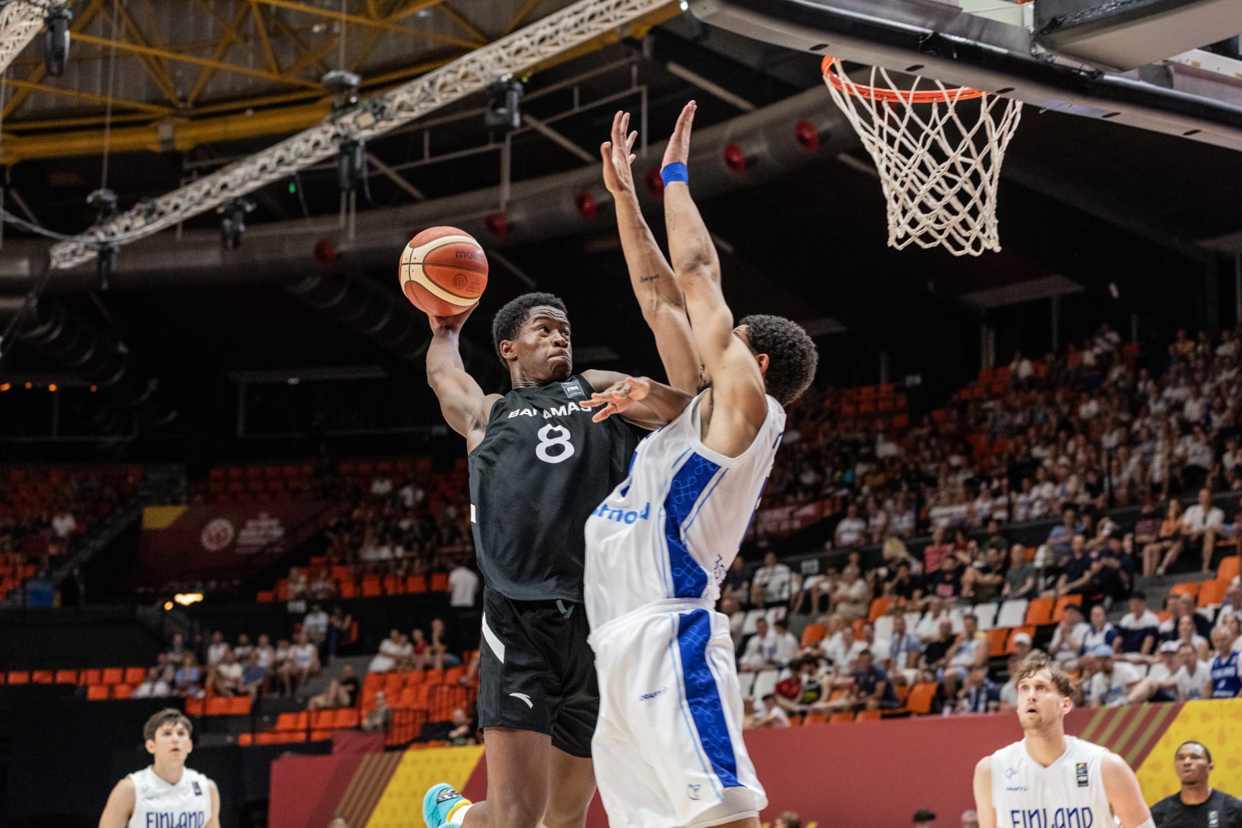 VALENCIA, SPAIN - 2024/07/02: V.J. Edgecombe (L) of Bahamas and Olivier Nkamhoua (R) in action during the Olympic Qualifying Tournament match between Bahamas and Finland at Pabellon Fuente de San Luis. Final score : Bahamas 96-85 Finland. (Photo by Nicholas Muller/SOPA Images/LightRocket via Getty Images)