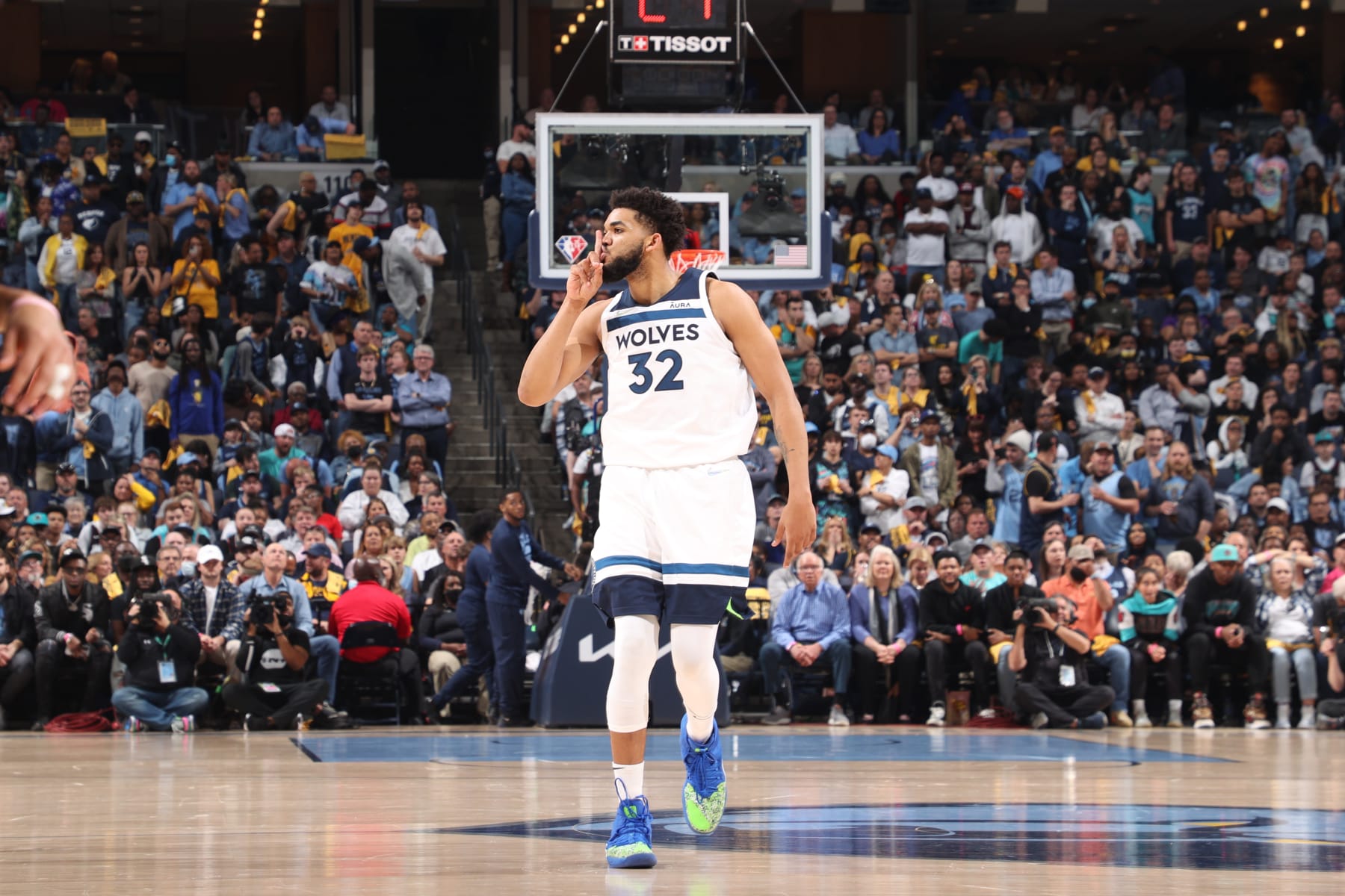 MEMPHIS, TN - APRIL 26: Karl-Anthony Towns #32 of the Minnesota Timberwolves celebrates against the Memphis Grizzlies during Round 1 Game 5 of the 2022 NBA Playoffs on April 26, 2022 at FedExForum in Memphis, Tennessee. NOTE TO USER: User expressly acknowledges and agrees that, by downloading and or using this photograph, User is consenting to the terms and conditions of the Getty Images License Agreement. Mandatory Copyright Notice: Copyright 2022 NBAE (Photo by Joe Murphy/NBAE via Getty Images)