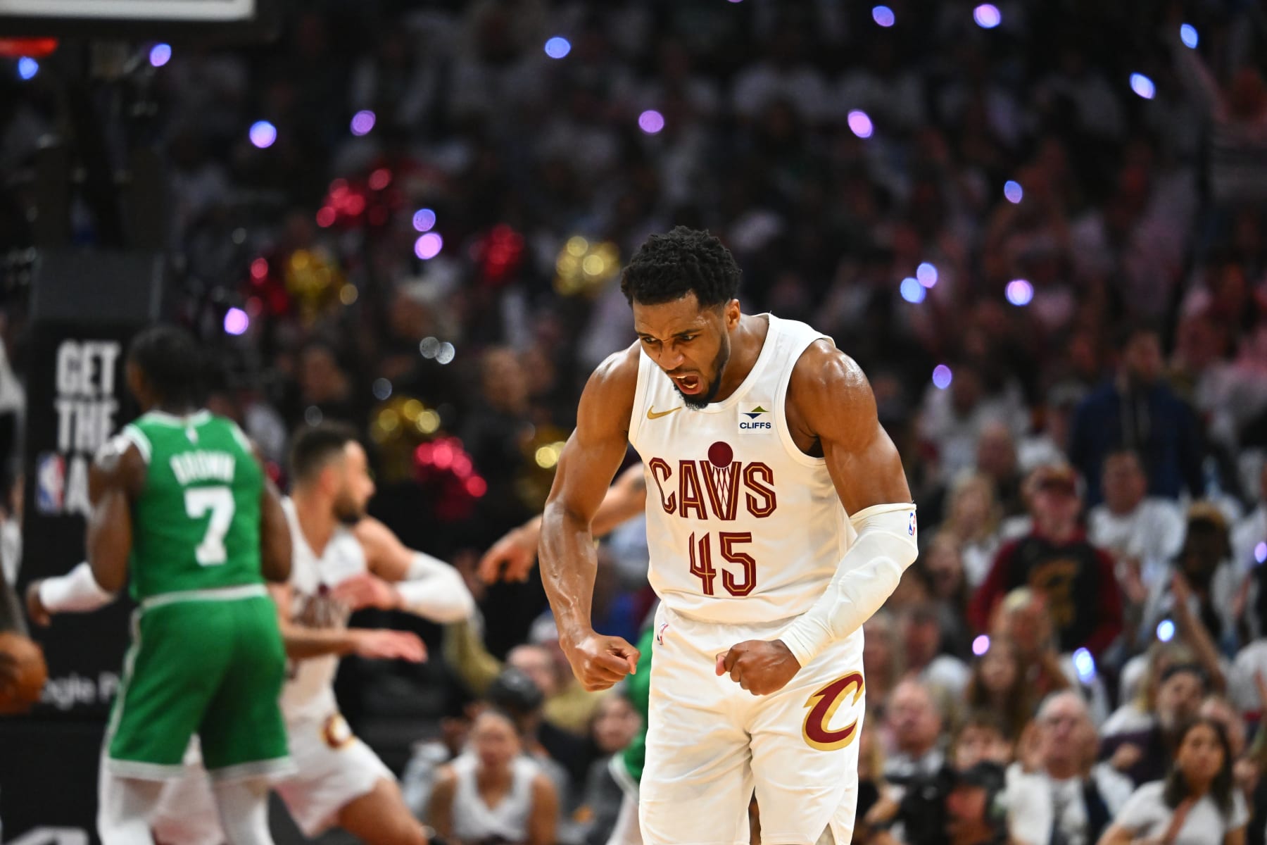 CLEVELAND, OHIO - MAY 11: Donovan Mitchell #45 of the Cleveland Cavaliers celebrates after scoring a basket against the Boston Celtics during the second quarter in Game Three of the Eastern Conference Second Round Playoffs at Rocket Mortgage Fieldhouse on May 11, 2024 in Cleveland, Ohio. NOTE TO USER: User expressly acknowledges and agrees that, by downloading and or using this photograph, User is consenting to the terms and conditions of the Getty Images License Agreement. (Photo by Jason Miller/Getty Images)