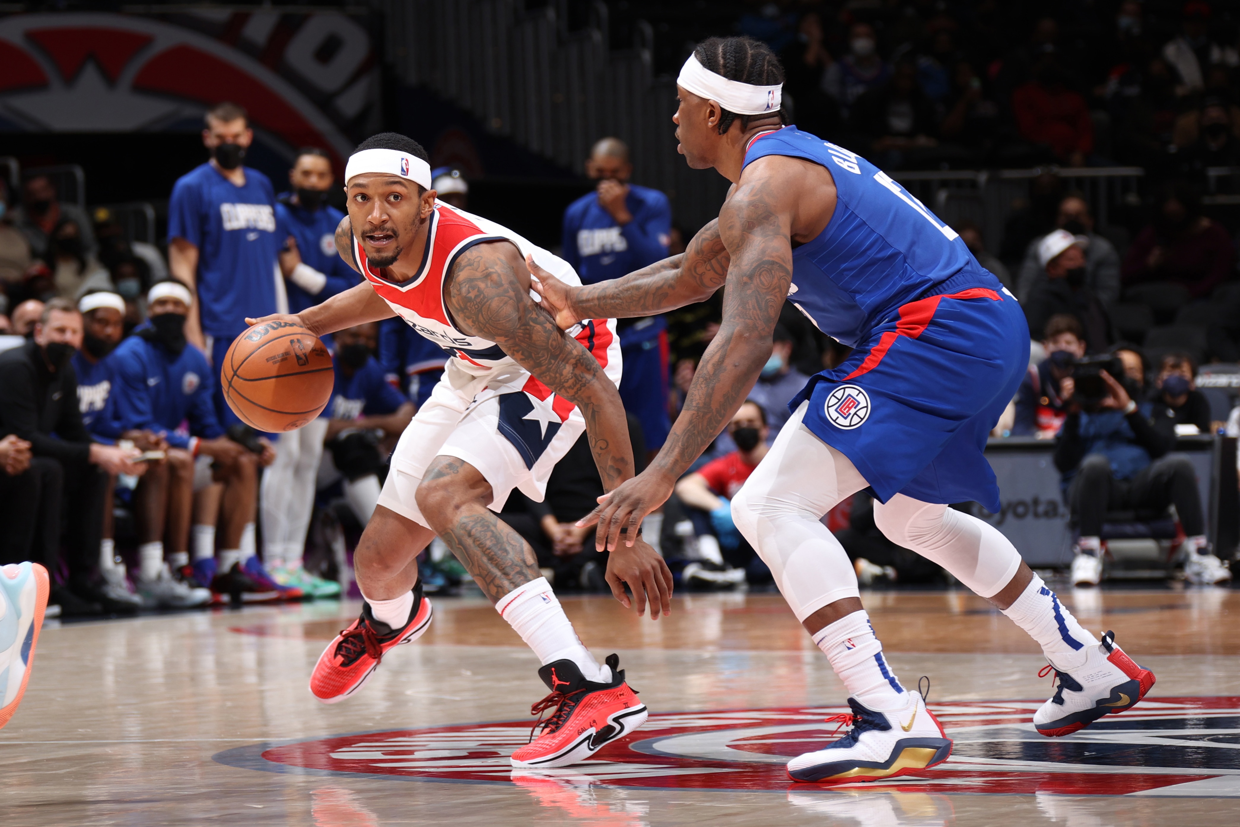WASHINGTON, DC -  JANUARY 25: Bradley Beal #3 of the Washington Wizards dribbles the ball during the game against the LA Clippers on January 25, 2022 at Capital One Arena in Washington, DC. NOTE TO USER: User expressly acknowledges and agrees that, by downloading and or using this Photograph, user is consenting to the terms and conditions of the Getty Images License Agreement. Mandatory Copyright Notice: Copyright 2022 NBAE (Photo by Stephen Gosling/NBAE via Getty Images)