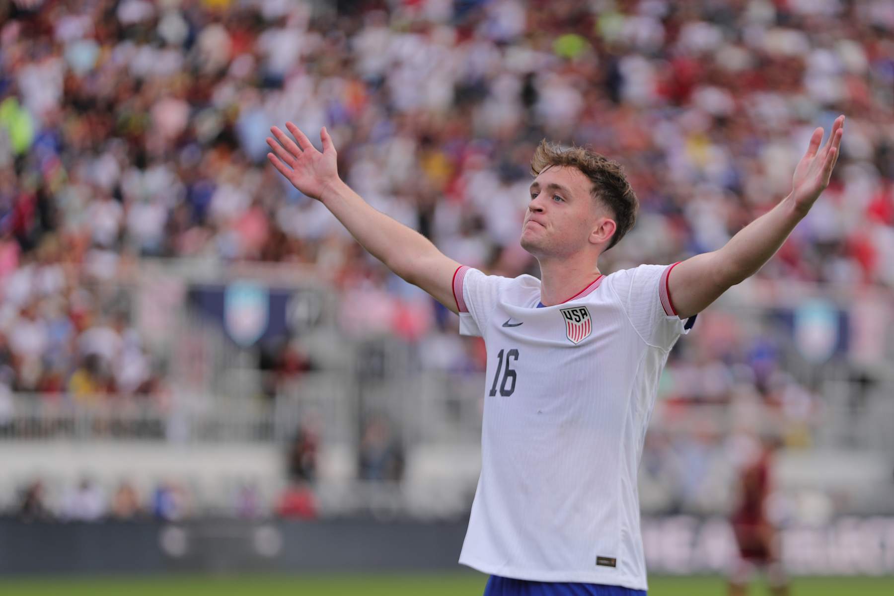 FORT LAUDERDALE, FLORIDA - JANUARY 18: Jack McGlynn #16 of United States celebrates after scoring his teammates first goal during first half an international friendly match between United States and Venezuela at Chase Stadium on January 18, 2025 in Fort Lauderdale, Florida. (Photo by Omar Vega/Getty Images)