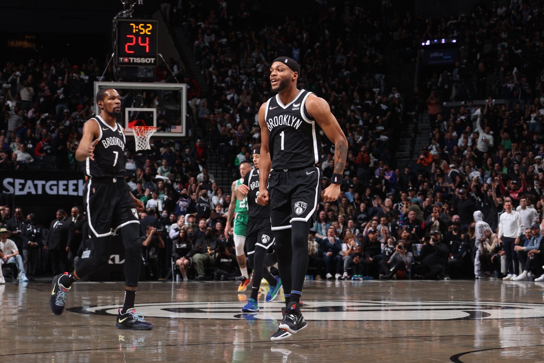 BROOKLYN, NY - APRIL 23: Bruce Brown #1 of the Brooklyn Nets celebrates against the Boston Celtics during Round 1 Game 3 of the 2022 NBA Playoffs on April 23, 2022 at Barclays Center in Brooklyn, New York. NOTE TO USER: User expressly acknowledges and agrees that, by downloading and or using this Photograph, user is consenting to the terms and conditions of the Getty Images License Agreement. Mandatory Copyright Notice: Copyright 2022 NBAE (Photo by Nathaniel S. Butler/NBAE via Getty Images)