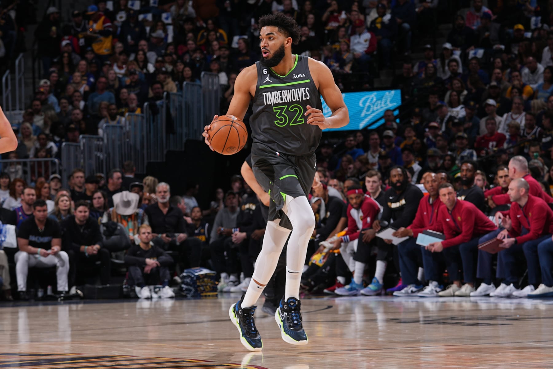 DENVER, CO - APRIL 25: Karl-Anthony Towns #32 of the Minnesota Timberwolves dribbles the ball during Round One Game Five of the 2023 NBA Playoffs against the Denver Nuggets on April 25, 2023 at the Ball Arena in Denver, Colorado. NOTE TO USER: User expressly acknowledges and agrees that, by downloading and/or using this Photograph, user is consenting to the terms and conditions of the Getty Images License Agreement. Mandatory Copyright Notice: Copyright 2023 NBAE (Photo by Bart Young/NBAE via Getty Images)