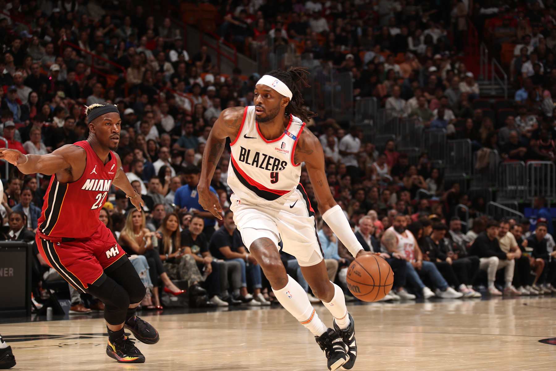 MIAMI, FL - JANUARY 21:  Jerami Grant #9 of the Portland Trail Blazers dribbles the ball during the game against the Miami Heat on January 21, 2025 at Kaseya Center in Miami, Florida. NOTE TO USER: User expressly acknowledges and agrees that, by downloading and or using this Photograph, user is consenting to the terms and conditions of the Getty Images License Agreement. Mandatory Copyright Notice: Copyright 2025 NBAE (Photo by Issac Baldizon/NBAE via Getty Images)