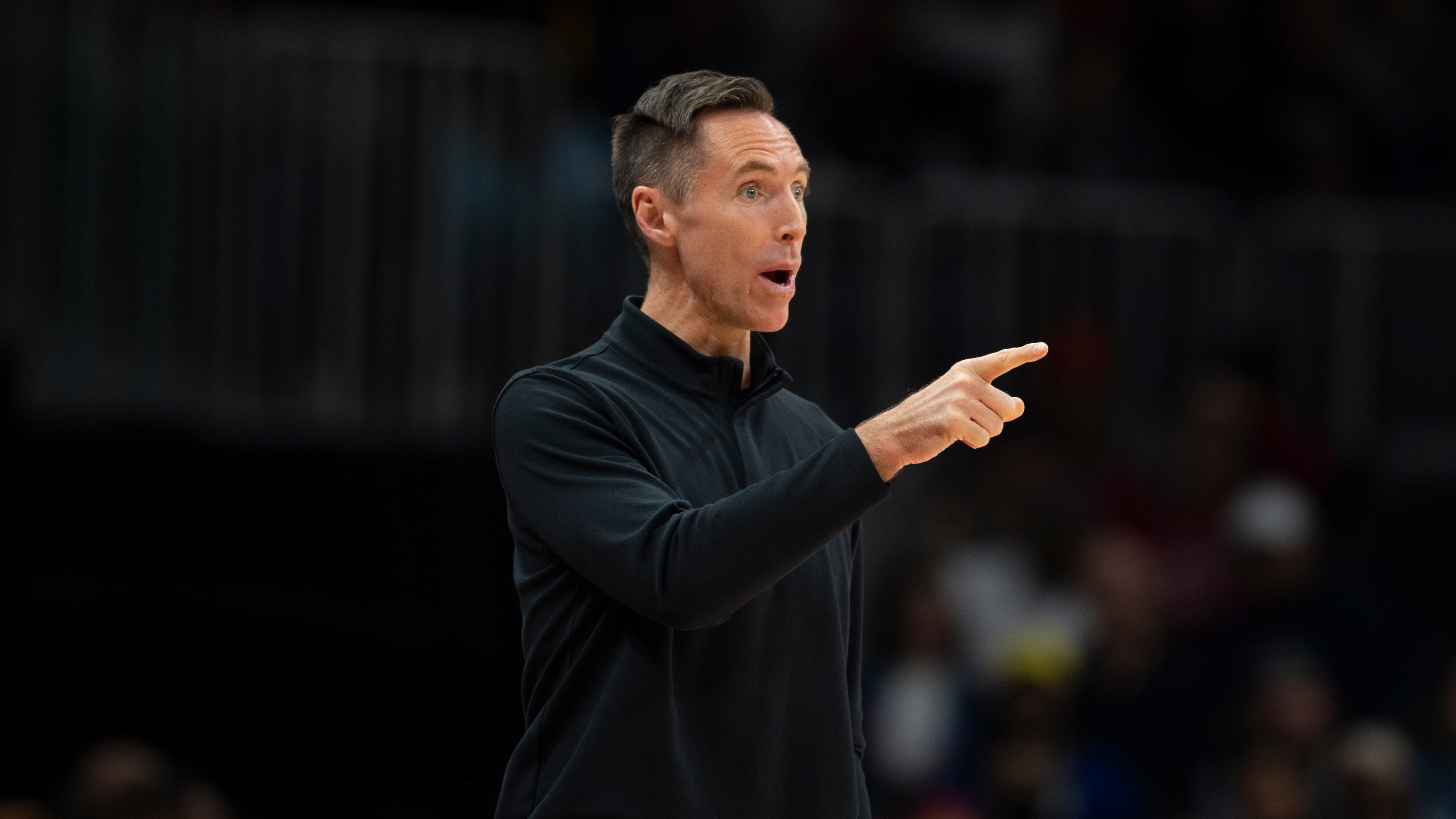 Brooklyn Nets head coach Steve Nash points during the first half of an NBA basketball game against the Atlanta Hawks, Saturday, April 2, 2022, in Atlanta. (AP Photo/Hakim Wright Sr.)