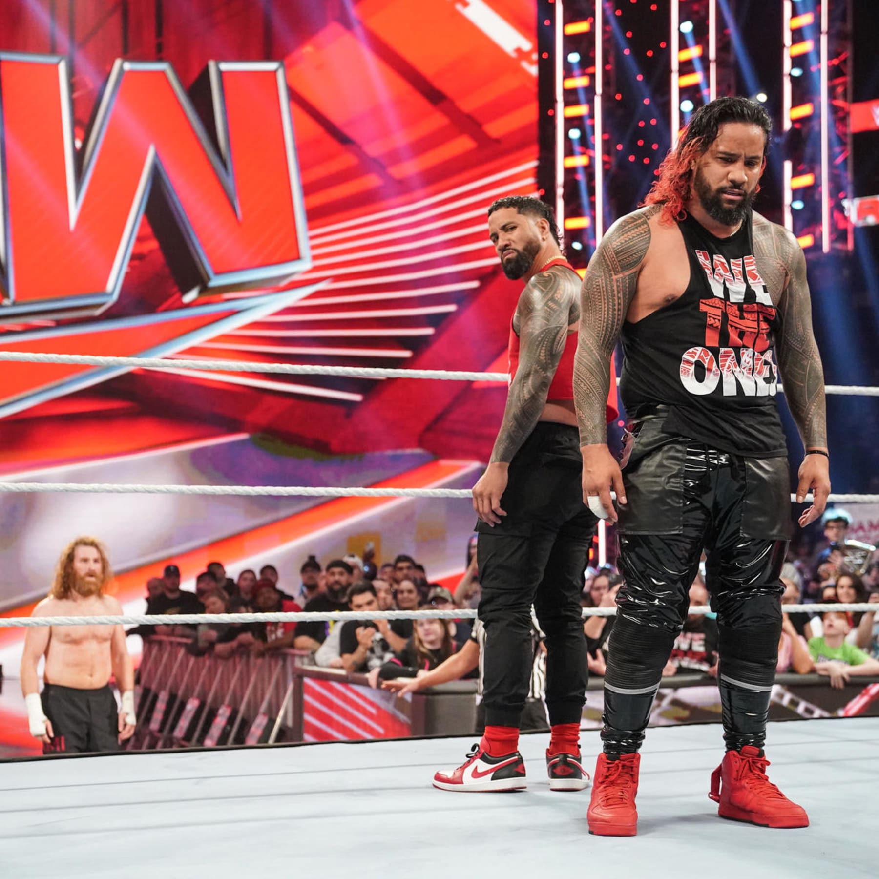 Jey Uso, left, has constantly been on the outs with The Bloodline, but could he turn at WrestleMania 39?