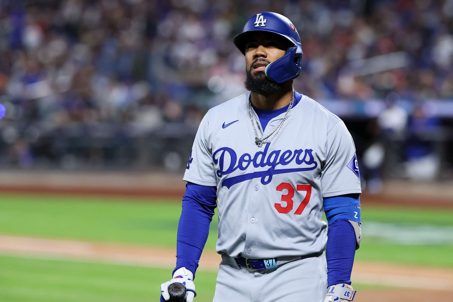 NEW YORK, NEW YORK - OCTOBER 18: Teoscar Hernández #37 of the Los Angeles Dodgers reacts while headed to the dugout after striking out during the sixth inning in game five of the National League Championship Series against the New York Mets at Citi Field on Friday, Oct. 18, 2024 in New York. (Robert Gauthier / Los Angeles Times via Getty Images)