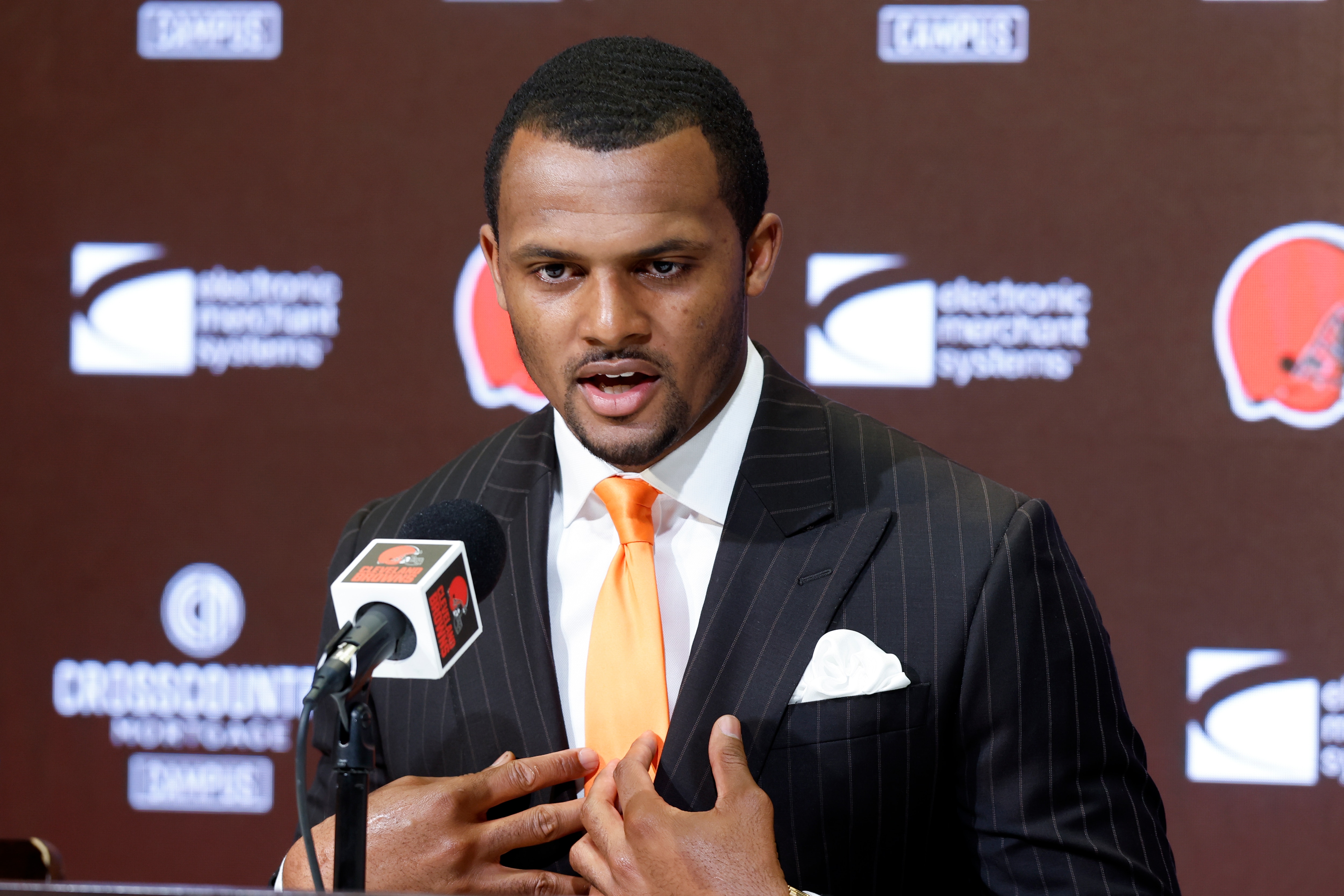 Cleveland Browns new quarterback Deshaun Watson speaks during a news conference at the NFL football team's training facility, Friday, March 25, 2022, in Berea, Ohio. (AP Photo/Ron Schwane)