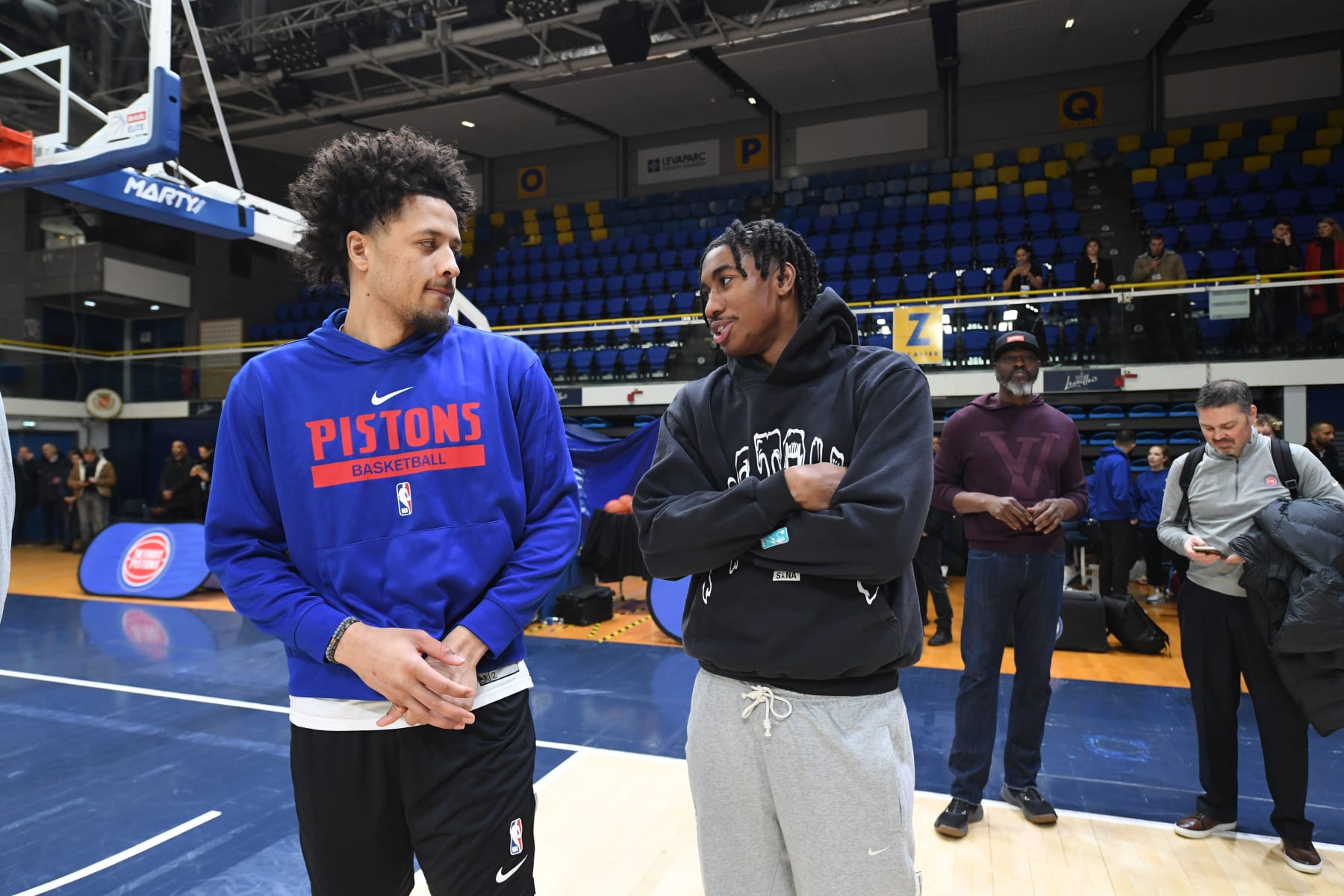 PARIS, FRANCE - JANUARY 18:  Cade Cunningham #2 and Jayden Ivey #23 of the Detroit Pistons talk during practice and media availability as part of NBA Paris Games 2023 at the Palais des sports Marcel-Cerdan on January 18, 2023 in Paris, France. NOTE TO USER: User expressly acknowledges and agrees that, by downloading and/or using this Photograph, user is consenting to the terms and conditions of the Getty Images License Agreement. Mandatory Copyright Notice: Copyright 2023 NBAE (Photo by Chris Schwegler/NBAE via Getty Images)