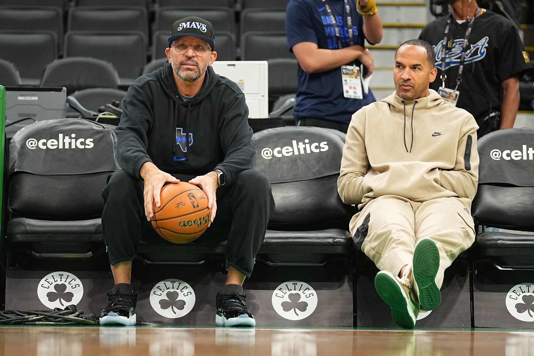 BOSTON, MA - JUNE 16:  Head Coach Jason Kidd of the Dallas Mavericks and Nico Harrison of the Dallas Mavericks look on during 2024 NBA Finals Practice and Media Availability on June 16, 2024 at the TD Garden in Boston, Massachusetts. NOTE TO USER: User expressly acknowledges and agrees that, by downloading and or using this photograph, User is consenting to the terms and conditions of the Getty Images License Agreement. Mandatory Copyright Notice: Copyright 2024 NBAE (Photo by Garrett Ellwood/NBAE via Getty Images)