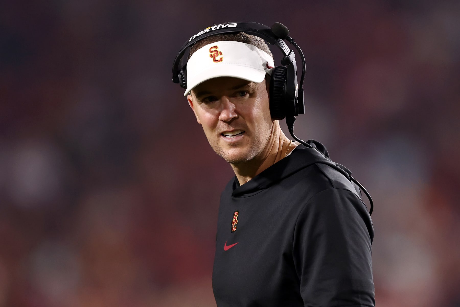 LOS ANGELES, CALIFORNIA - OCTOBER 07: Head coach Lincoln Riley of the USC Trojans looks on during the fourth quarter against the Arizona Wildcats at United Airlines Field at the Los Angeles Memorial Coliseum on October 07, 2023 in Los Angeles, California. (Photo by Katelyn Mulcahy/Getty Images)